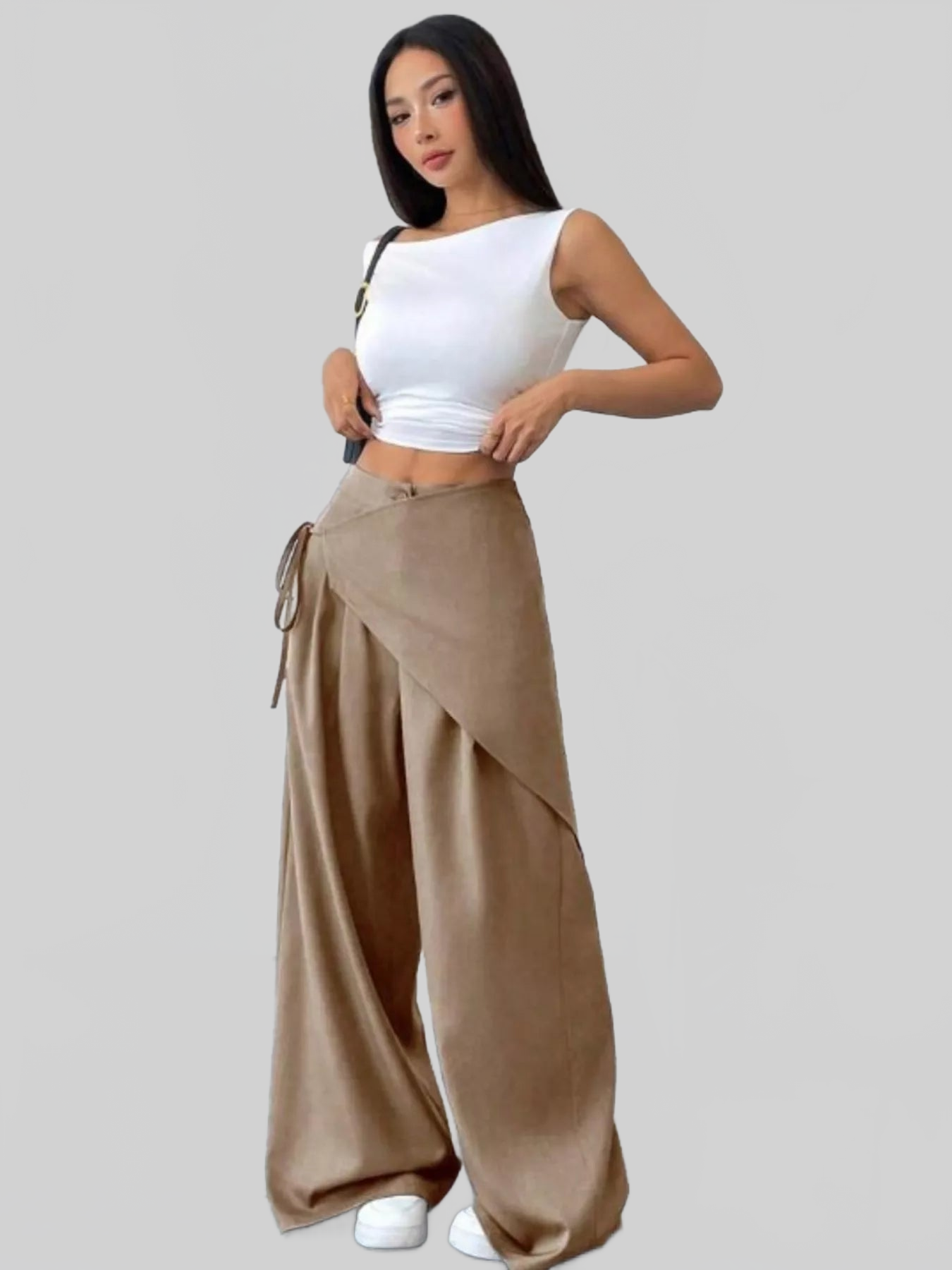 Women Wrap-Front Wide-Leg Pants nicholesgifts