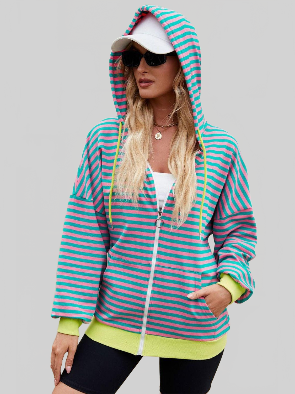 Women Drawstring Striped Zip Up Long Sleeve Hoodie nicholesgifts