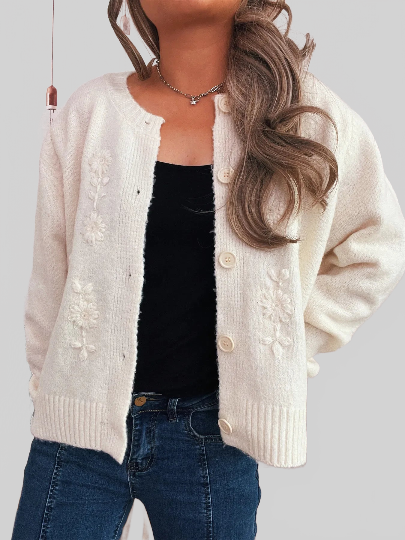 Flower Button Up Ribbed Hem Cardigan nicholesgifts