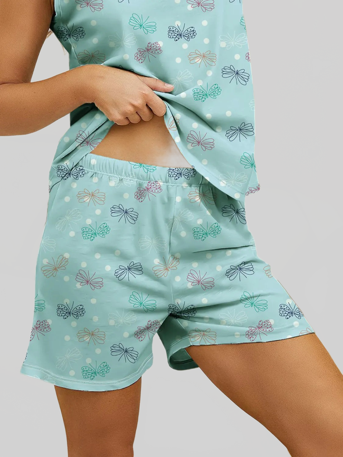 Printed Round Neck Top and Shorts Lounge Set nicholesgifts