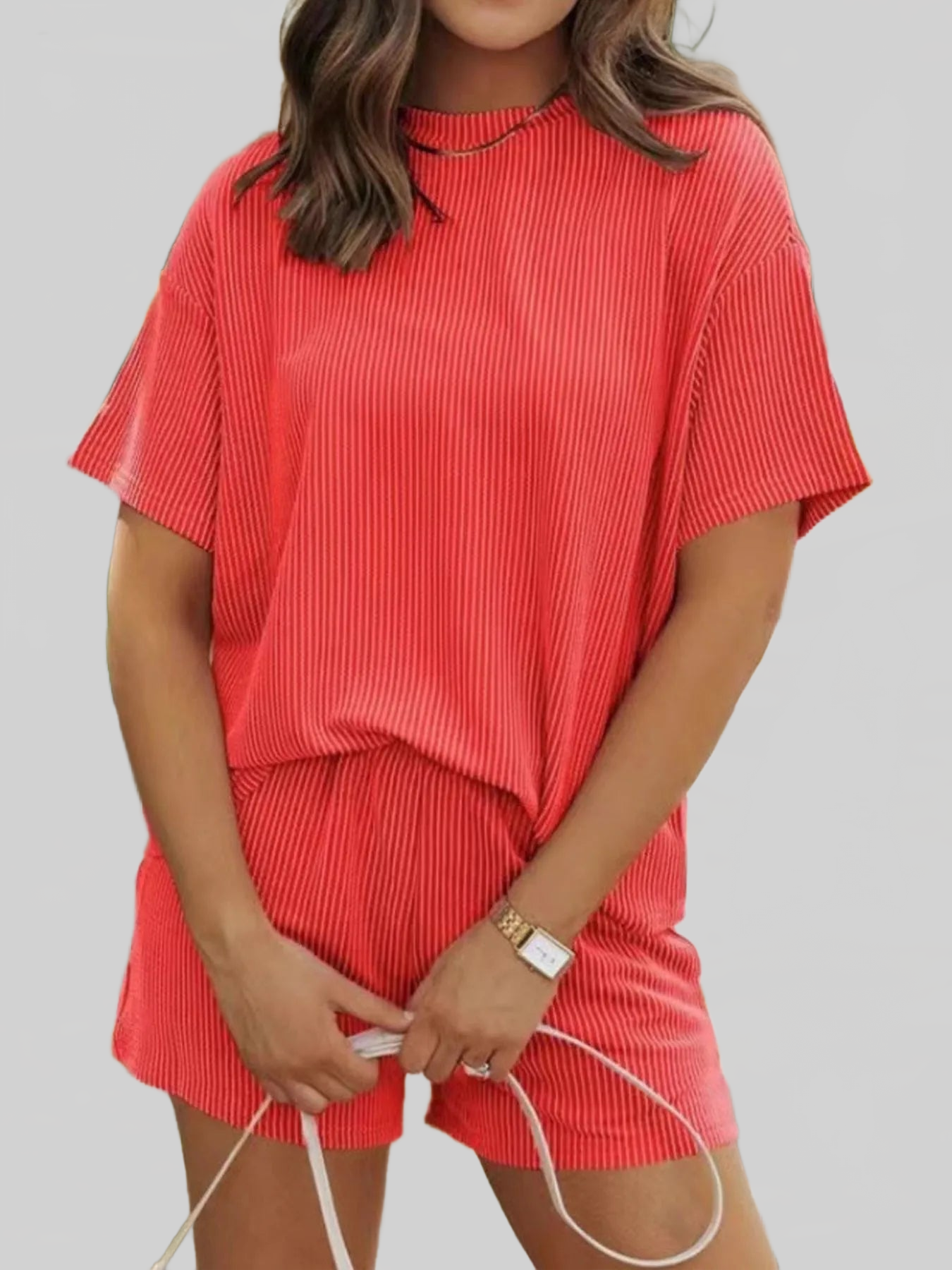 Full Size Ribbed Short Sleeve Top and Shorts Two-Piece Set Plus Size nicholesgifts