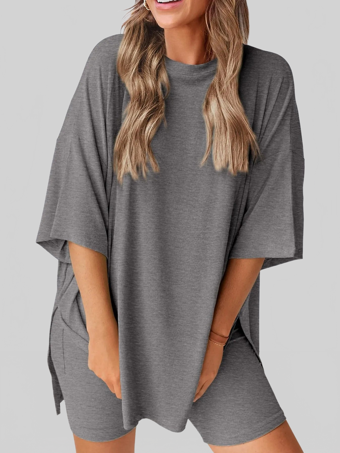Full Size Oversized Slit Round Neck Top and Shorts Lounge Set Plus Size nicholesgifts