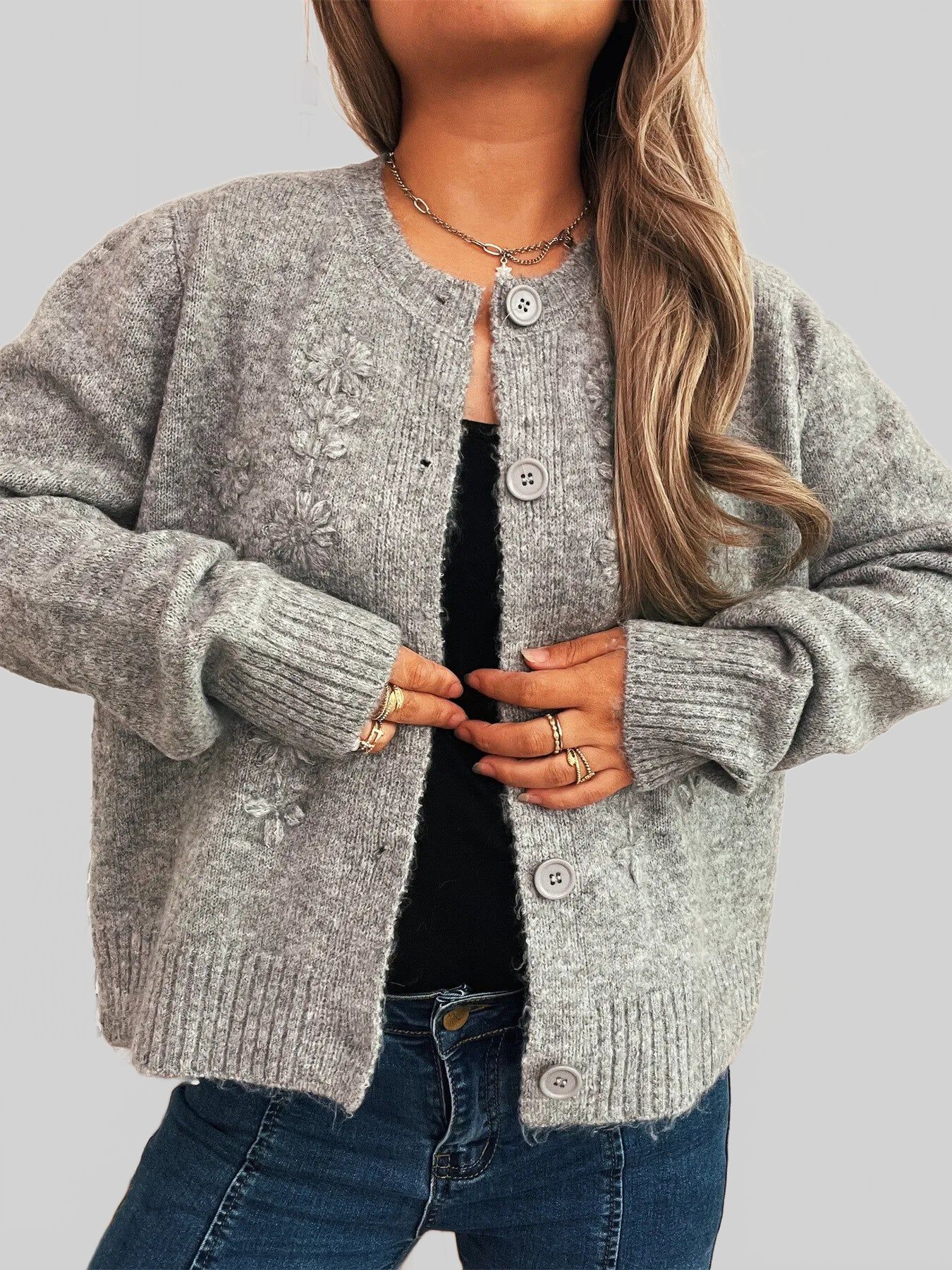 Flower Button Up Ribbed Hem Cardigan nicholesgifts