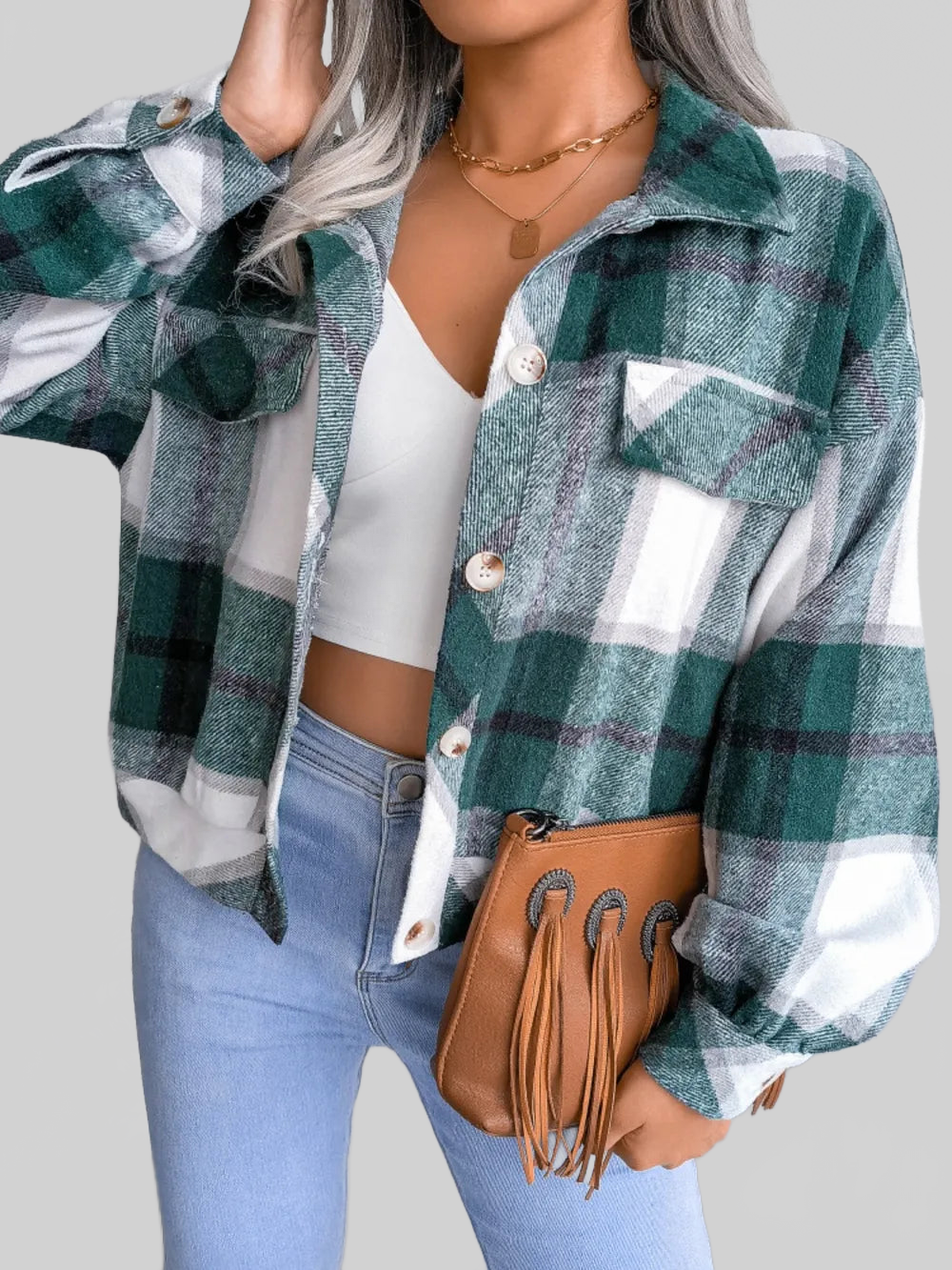 Plaid Collared Neck Long Sleeve Jacket nicholesgifts