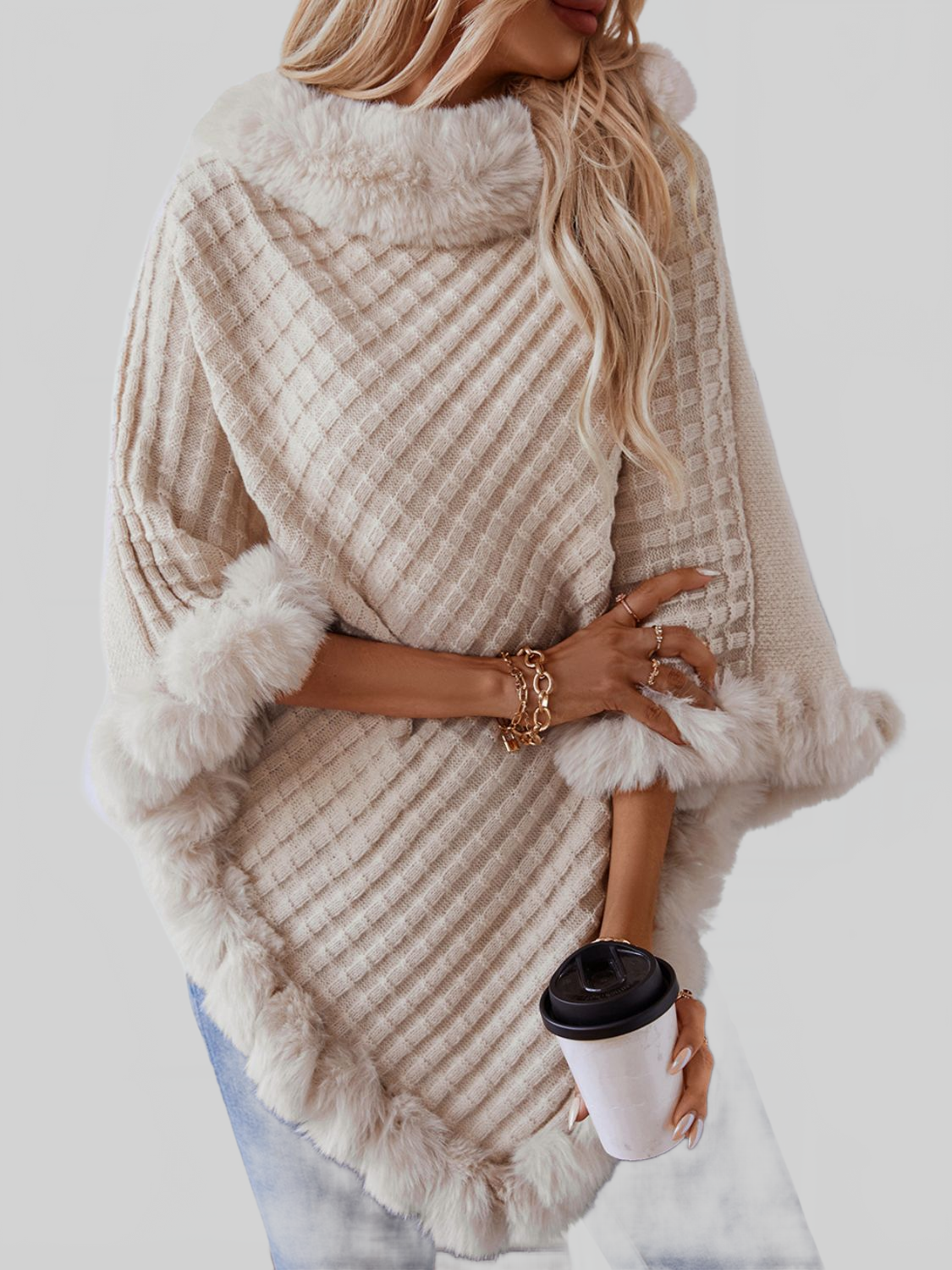 Women Fuzzy Trim Texture Three-Quarter Sleeve Poncho nicholesgifts