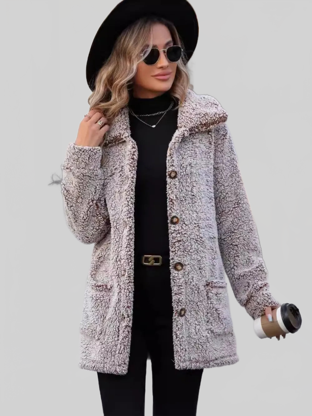 Pocketed Collared Neck Long Sleeve Plush Jacket NicholesGifts