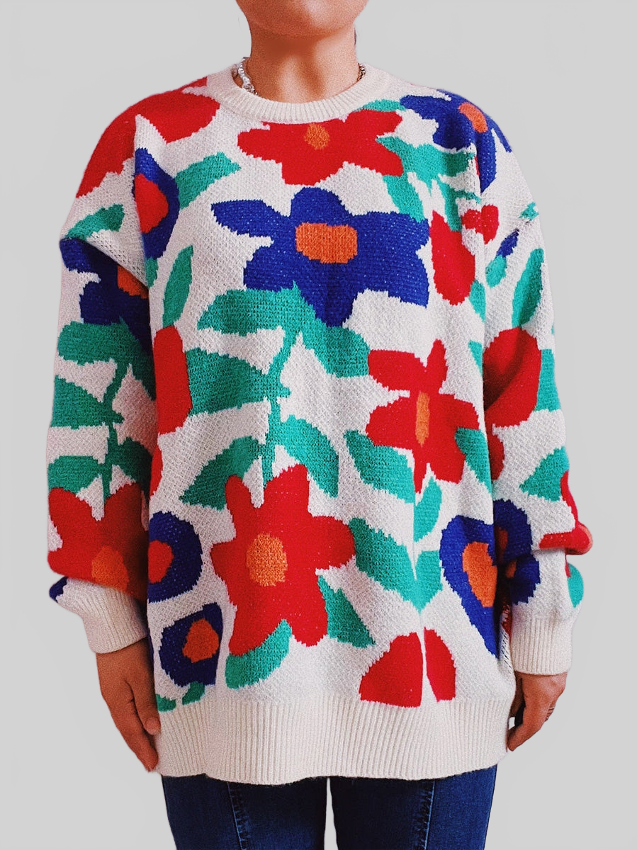 Floral Print Round Neck Drop Shoulder Sweater NicholesGifts