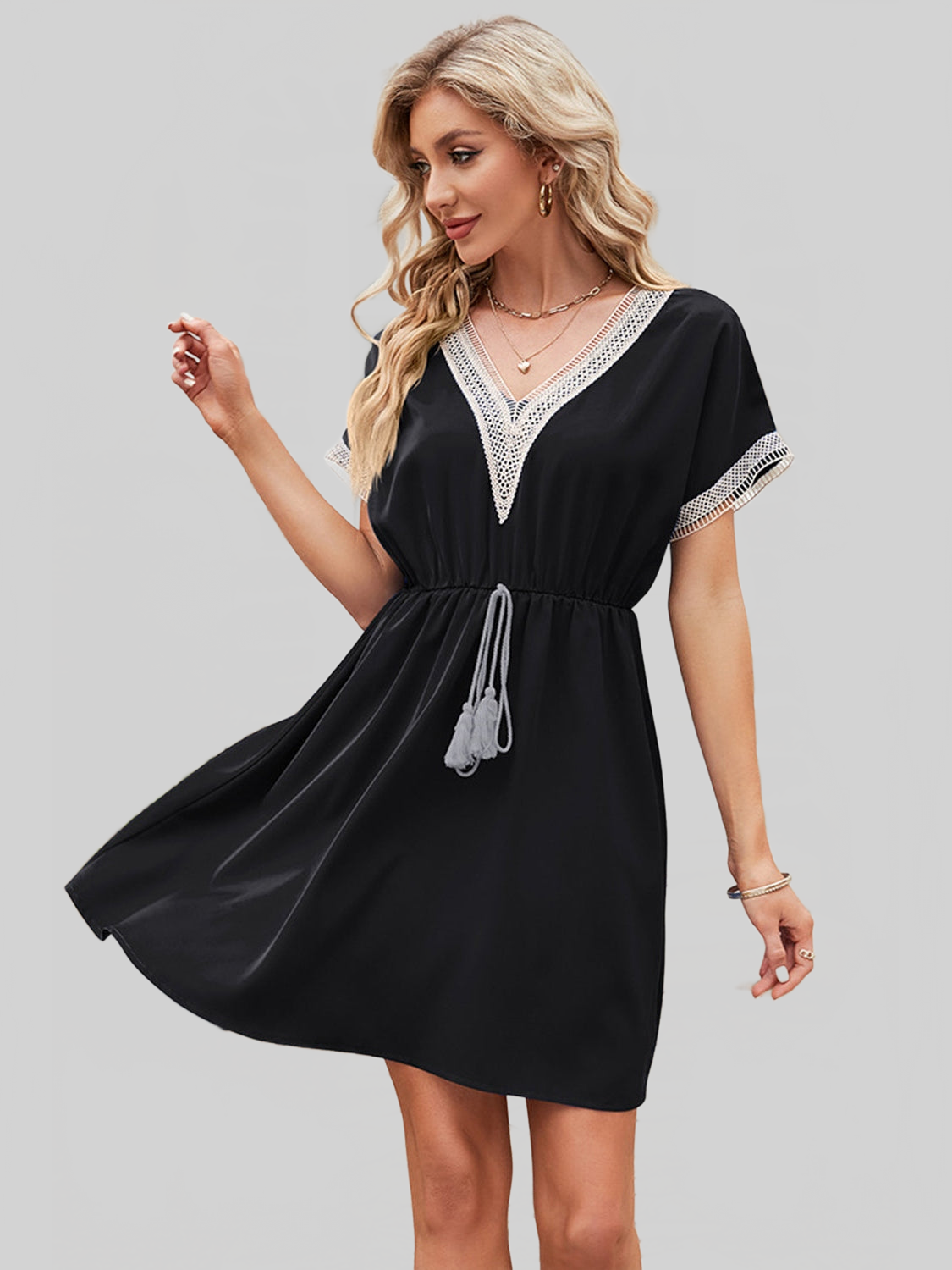 Women Tassel V-Neck Short Sleeve Summer Dress nicholesgifts