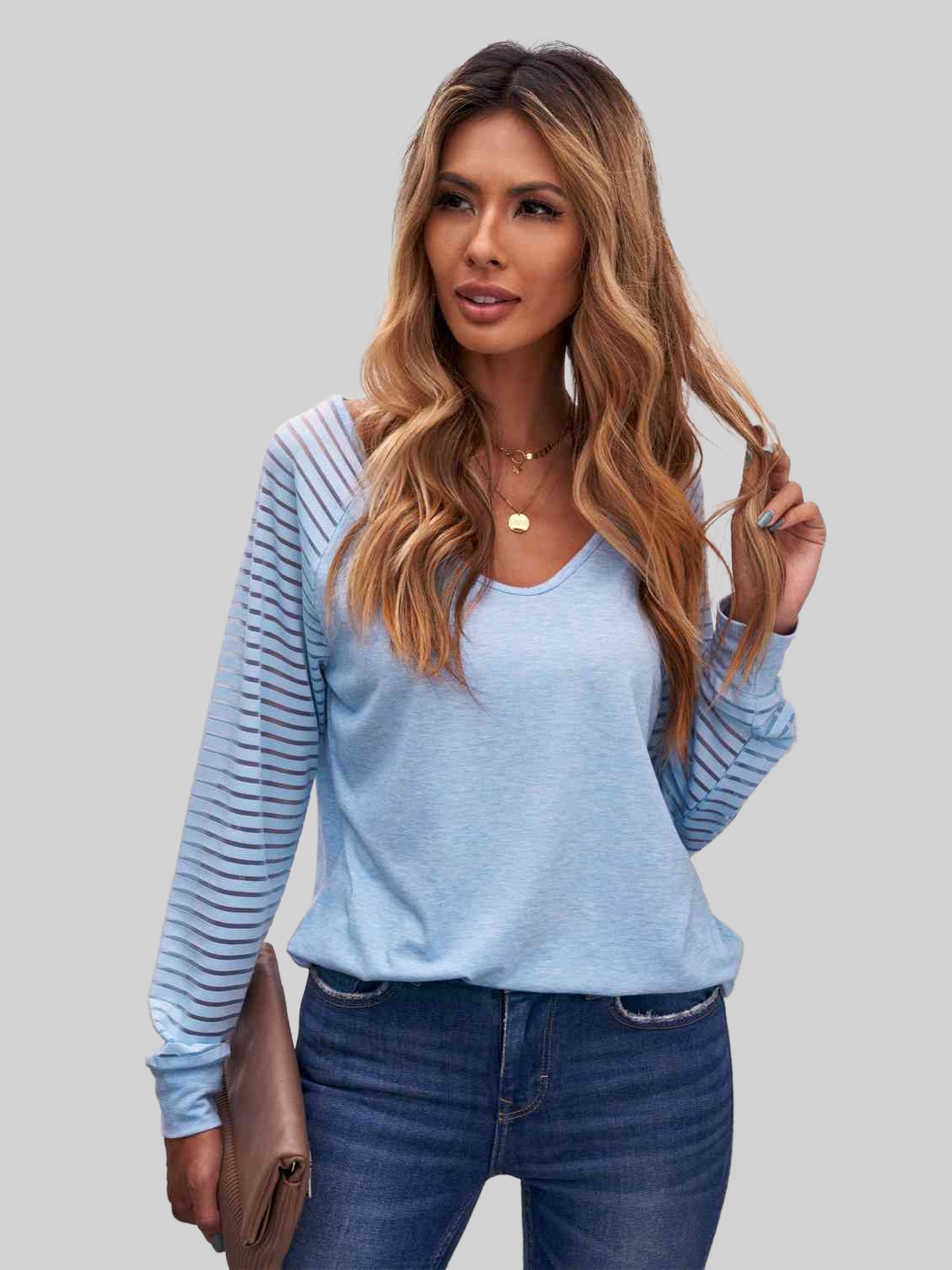 Women Sheer Striped V-Neck Top NicholesGifts