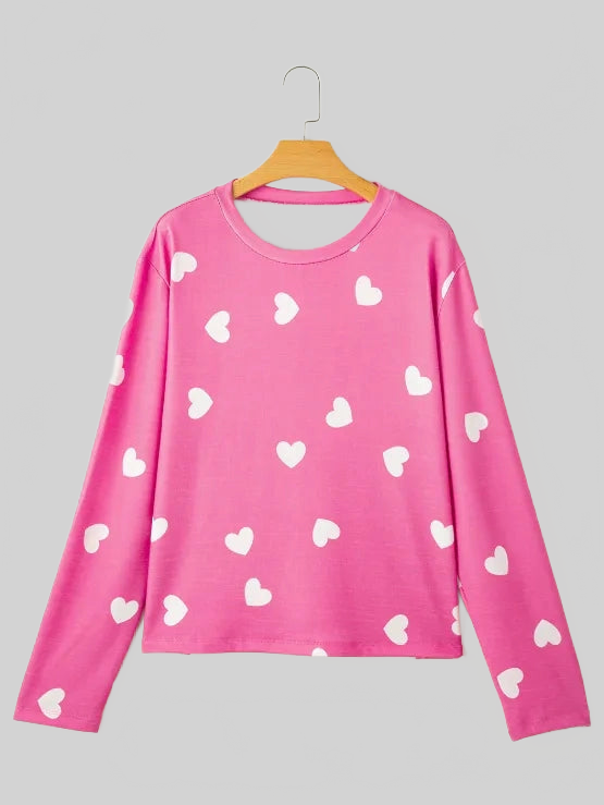 Heart Round Neck Long Sleeve Top and Elastic Waist Shorts Set nicholesgifts