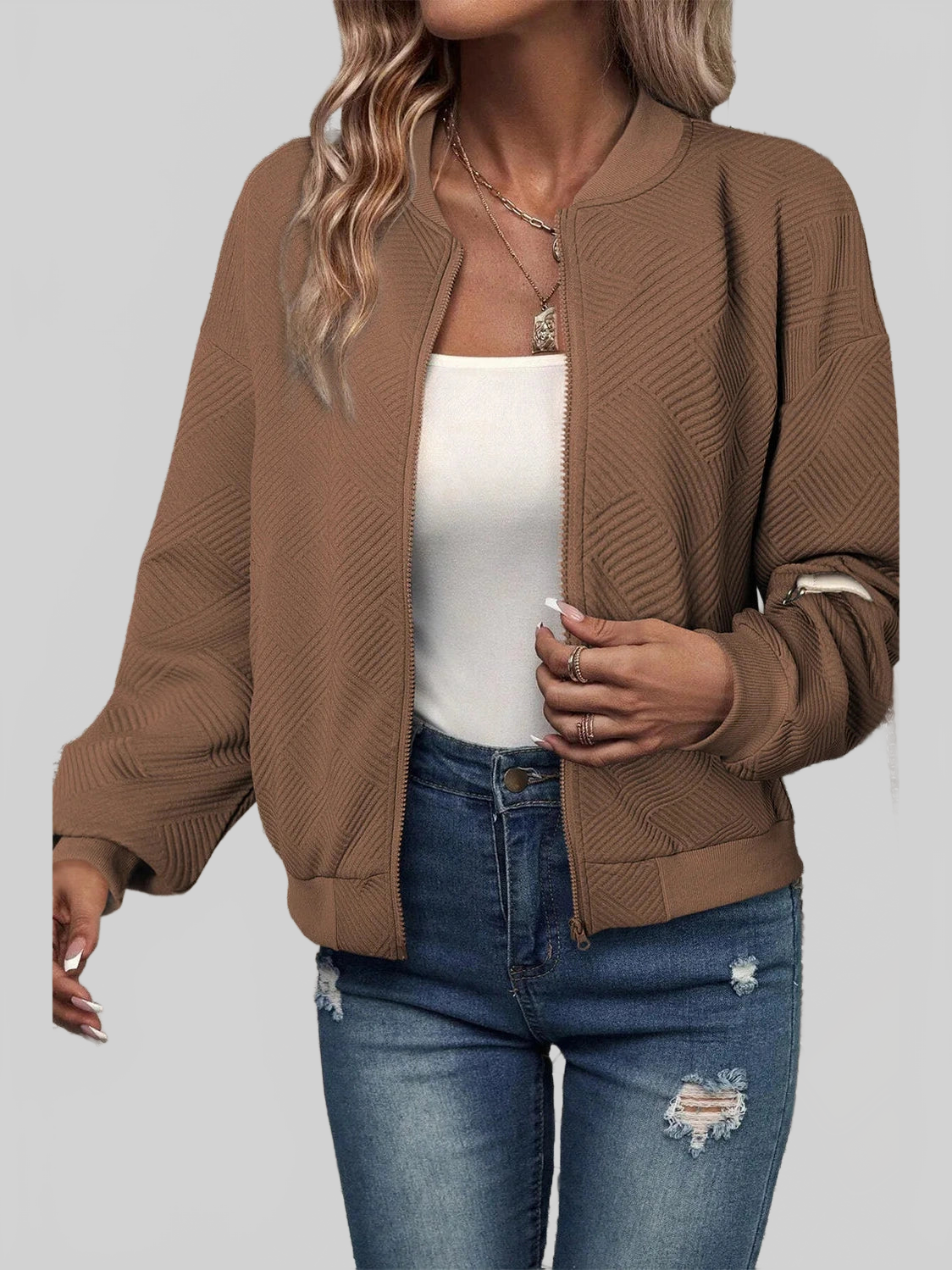 Textured Zip Up Baseball Collar Jacket nicholesgifts