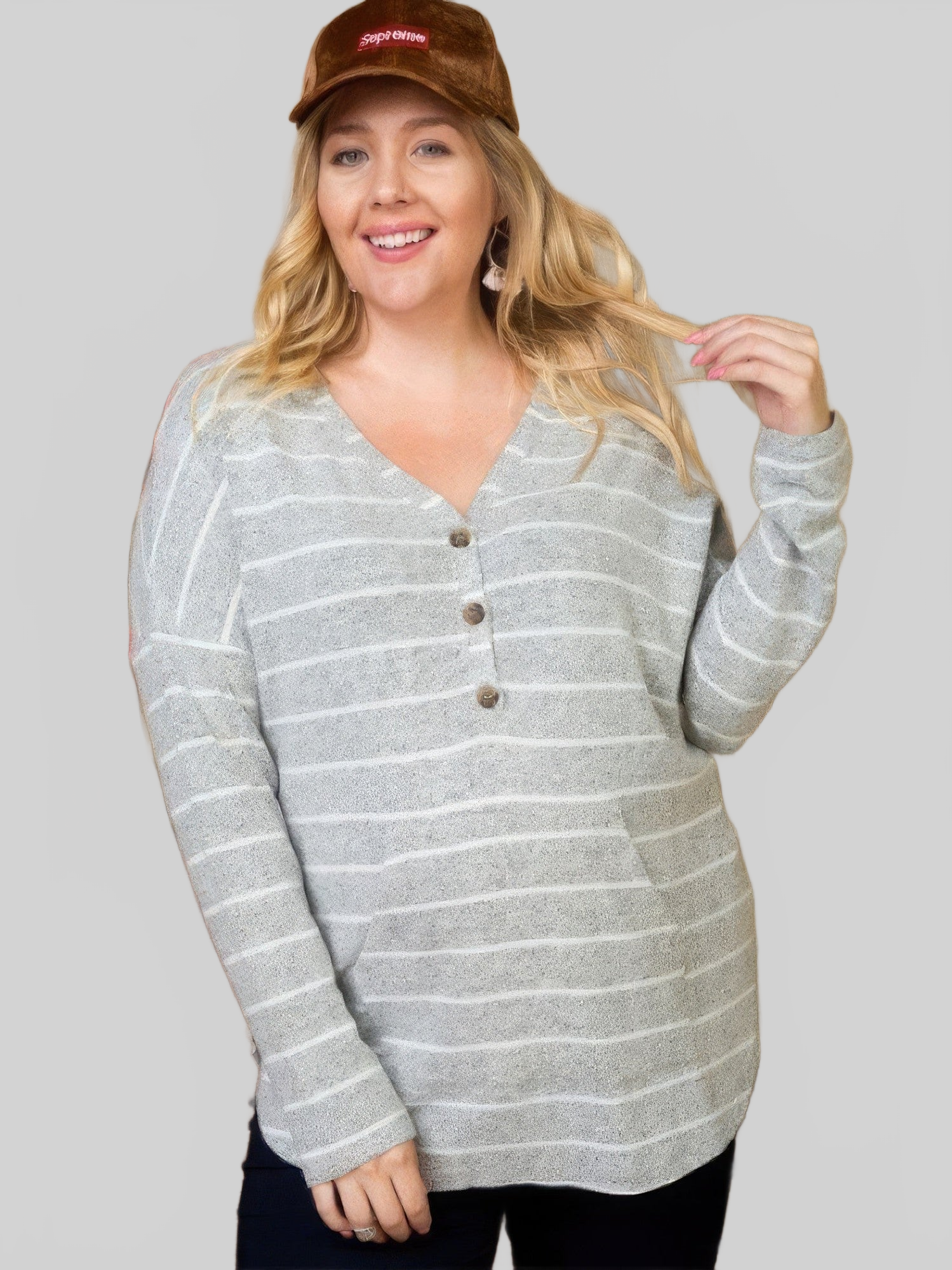 Plus Size Women Brushed Hacci Two Tone Stripe Long Sleeve Top NicholesGifts