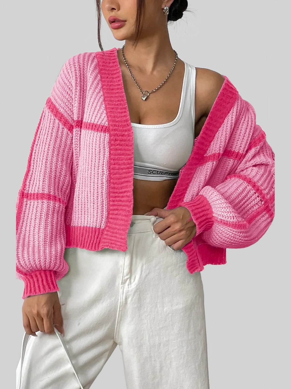 Women Contrast Open Front Long Sleeve Cardigan nicholesgifts