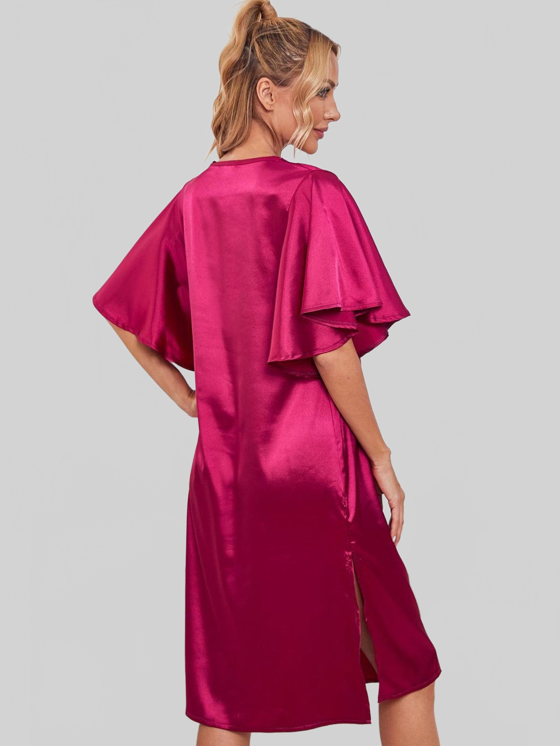 Satin Flutter Sleeve Side Slit V-Neck Night Dress nicholesgifts
