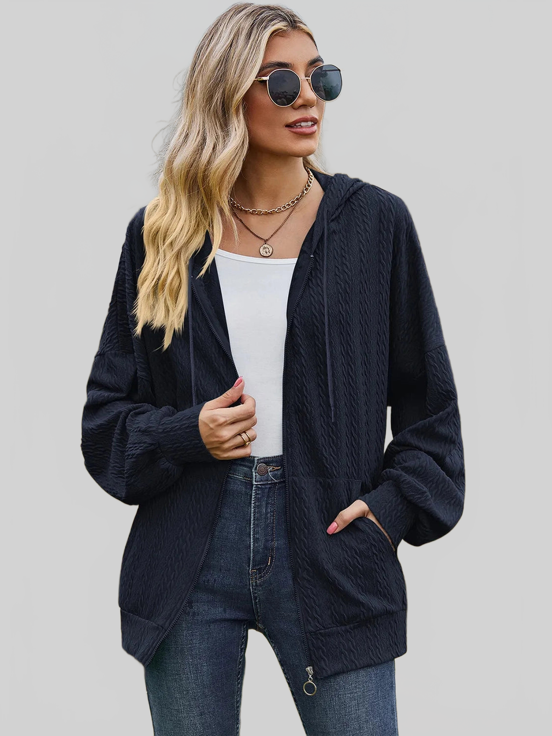 Drawstring Zip Up Dropped Shoulder Hoodie nicholesgifts