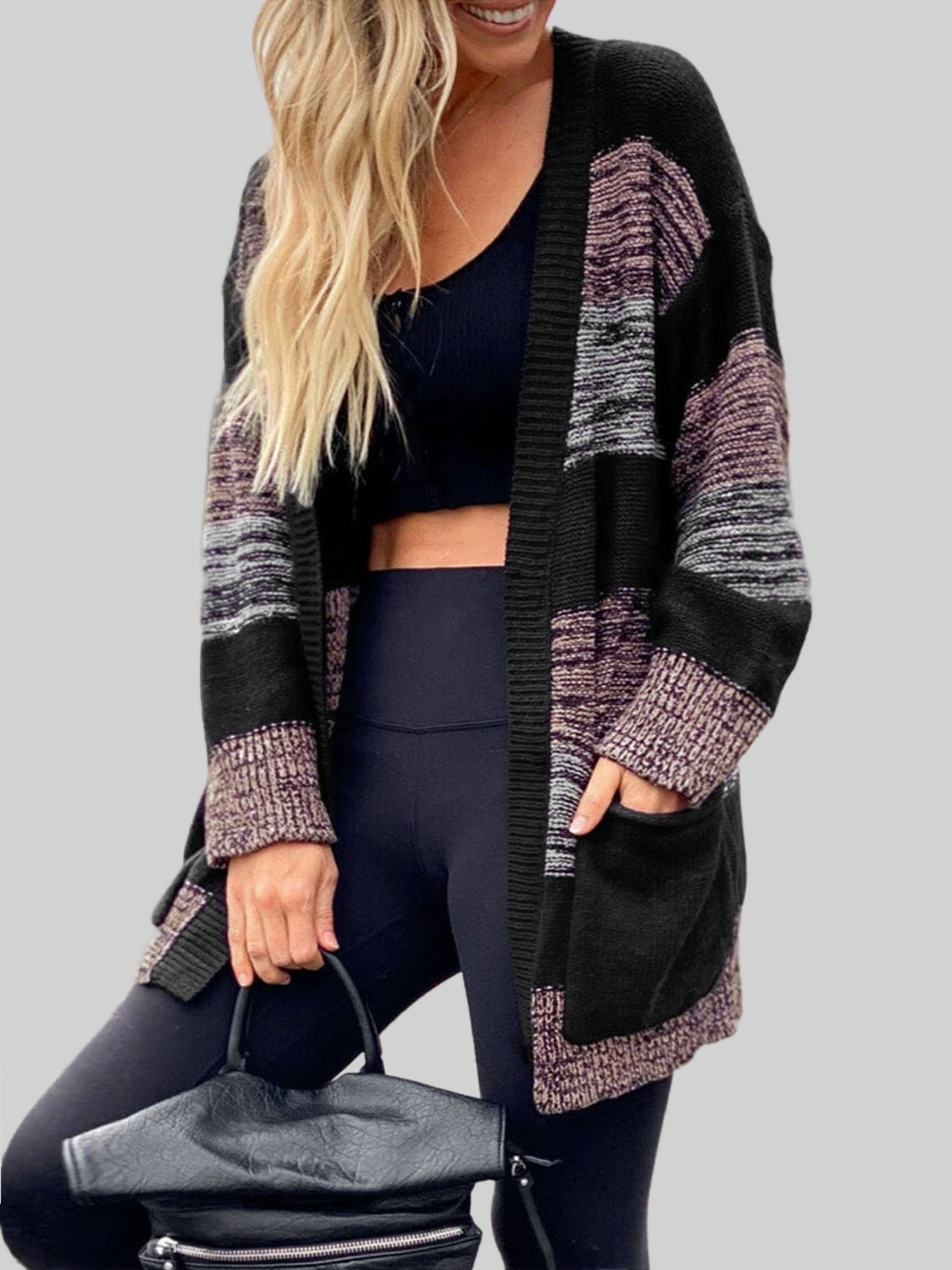 Women Striped Open Front Long Sleeve Cardigan with Pockets NicholesGifts