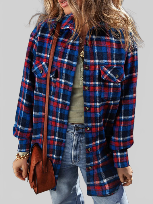 Women Pocketed Plaid Collared Neck Long Sleeve Shacket NicholesGifts