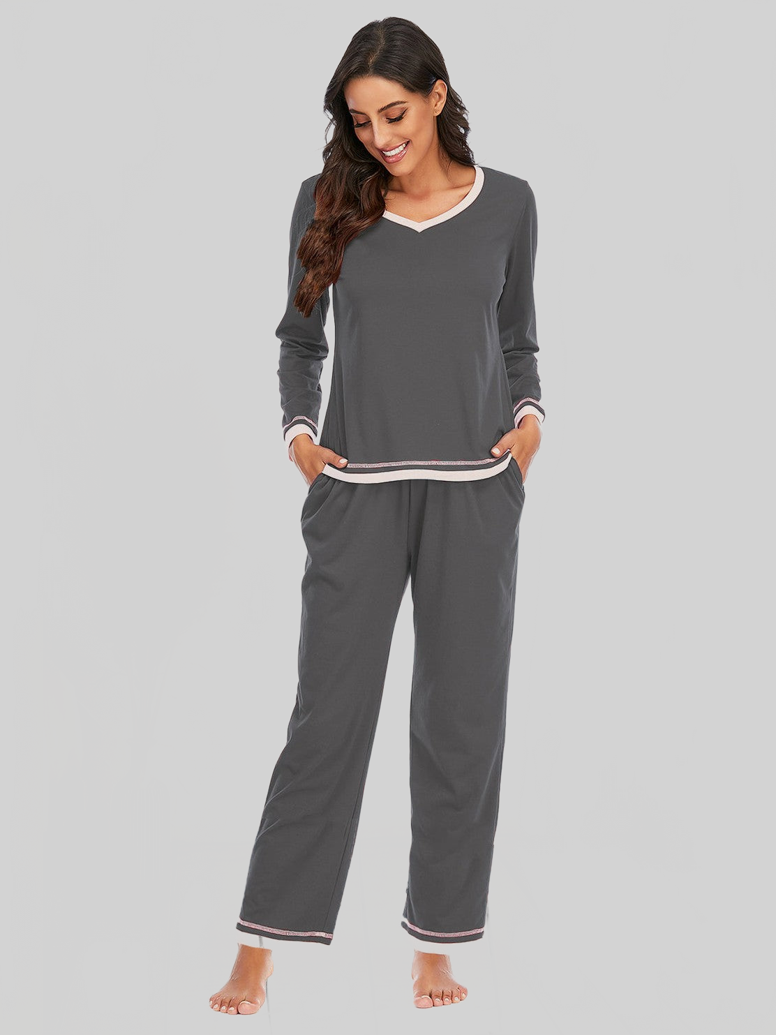 Women V-Neck Top and Pants Lounge Set nicholesgifts