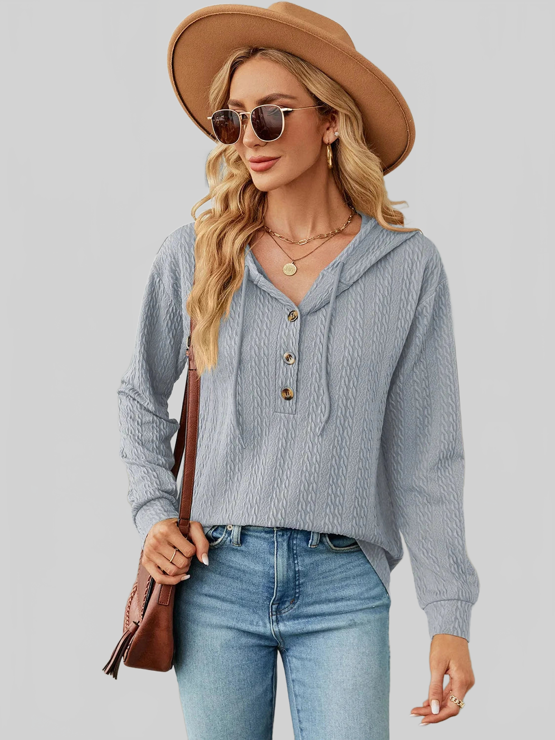 Drawstring Half Button Long Sleeve Hoodie nicholesgifts