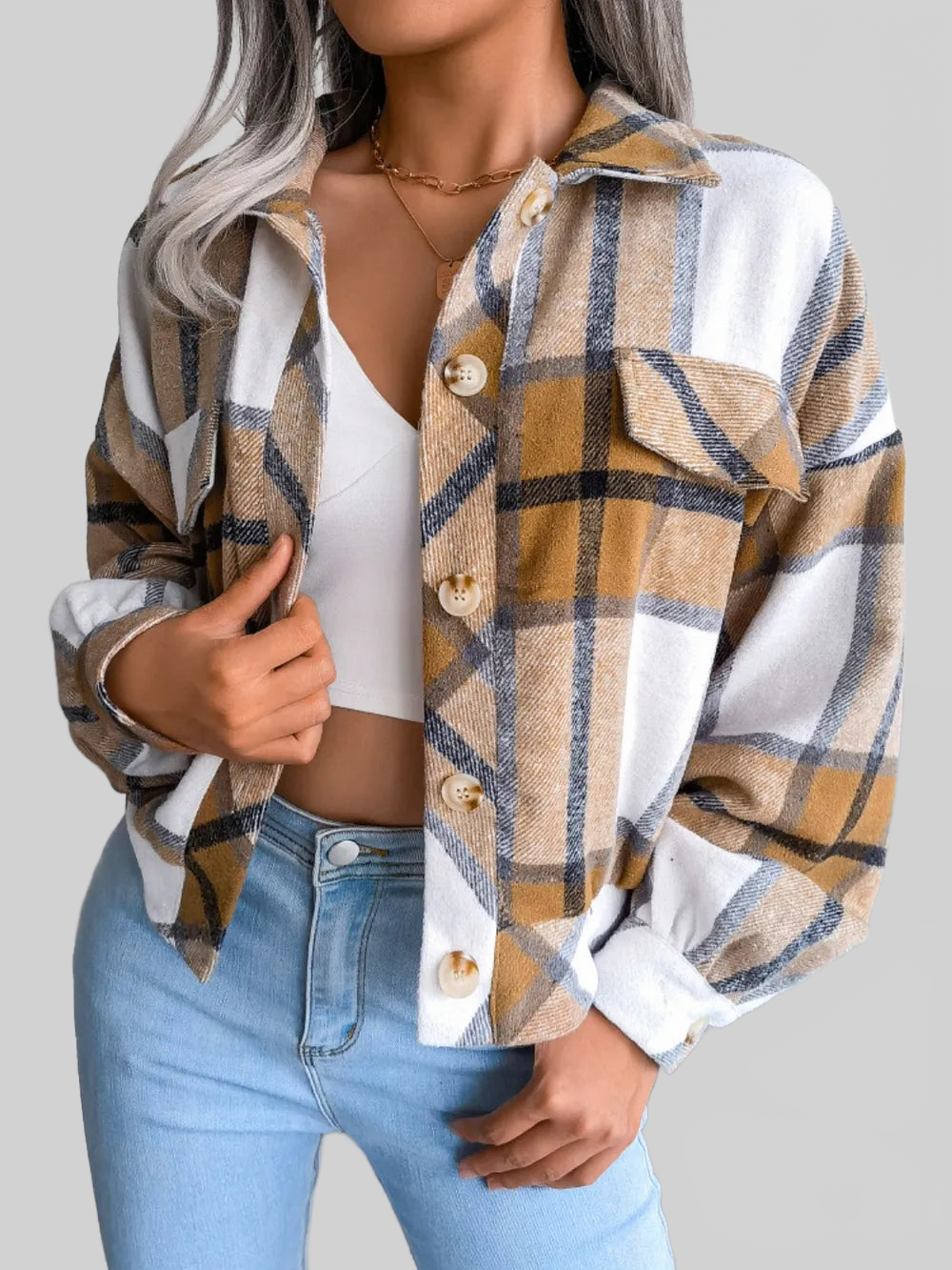 Plaid Collared Neck Long Sleeve Jacket nicholesgifts