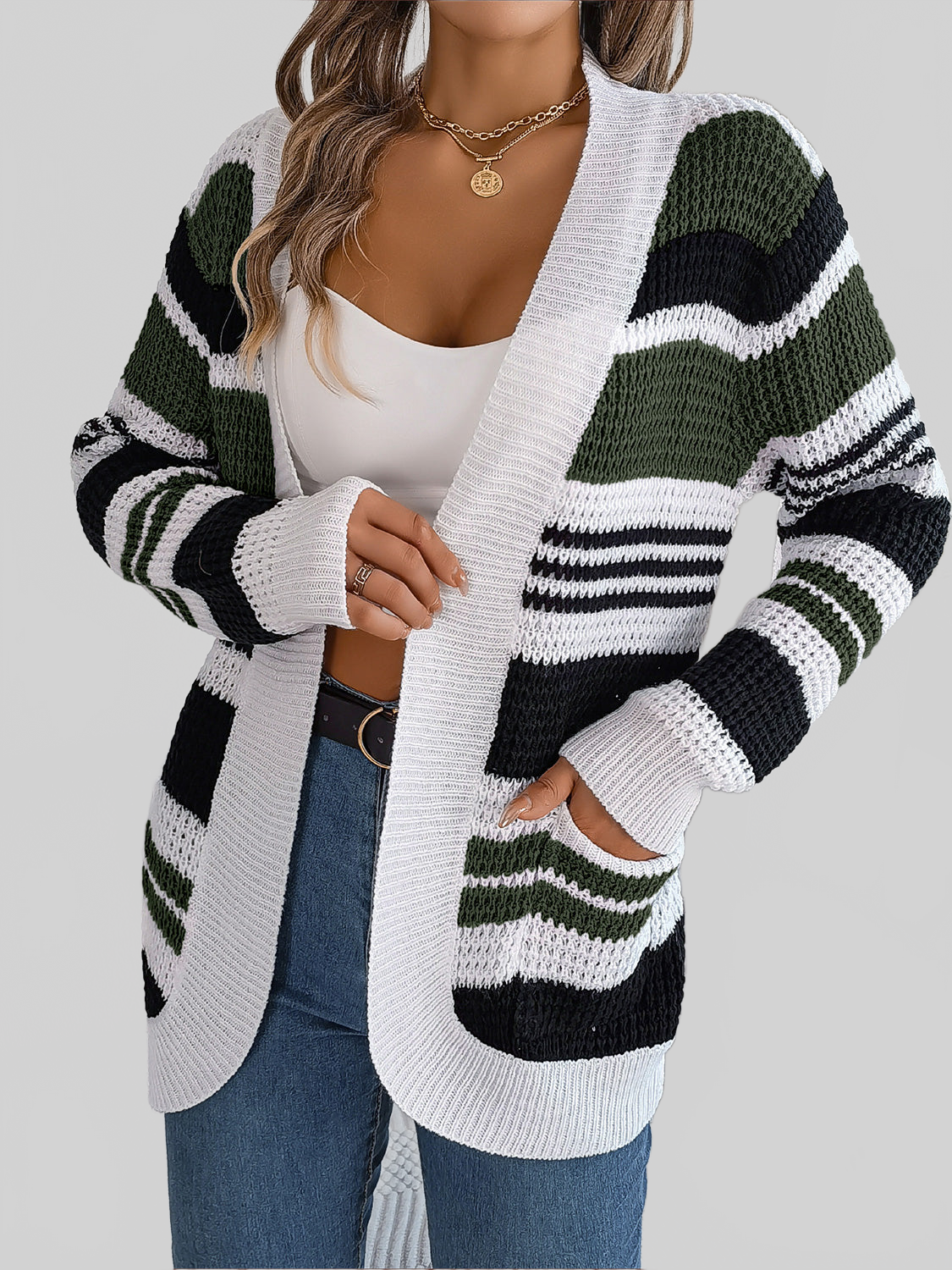 Women Striped Open Front Long Sleeve Cardigan NicholesGifts