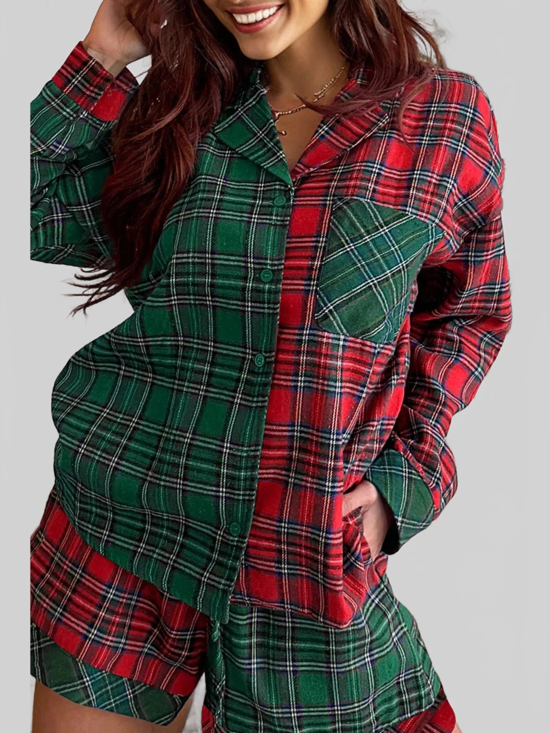 Plaid Contrast Patched Christmas Holiday Long Sleeve Shirt and Short 2pcs Pajama Set nicholesgifts