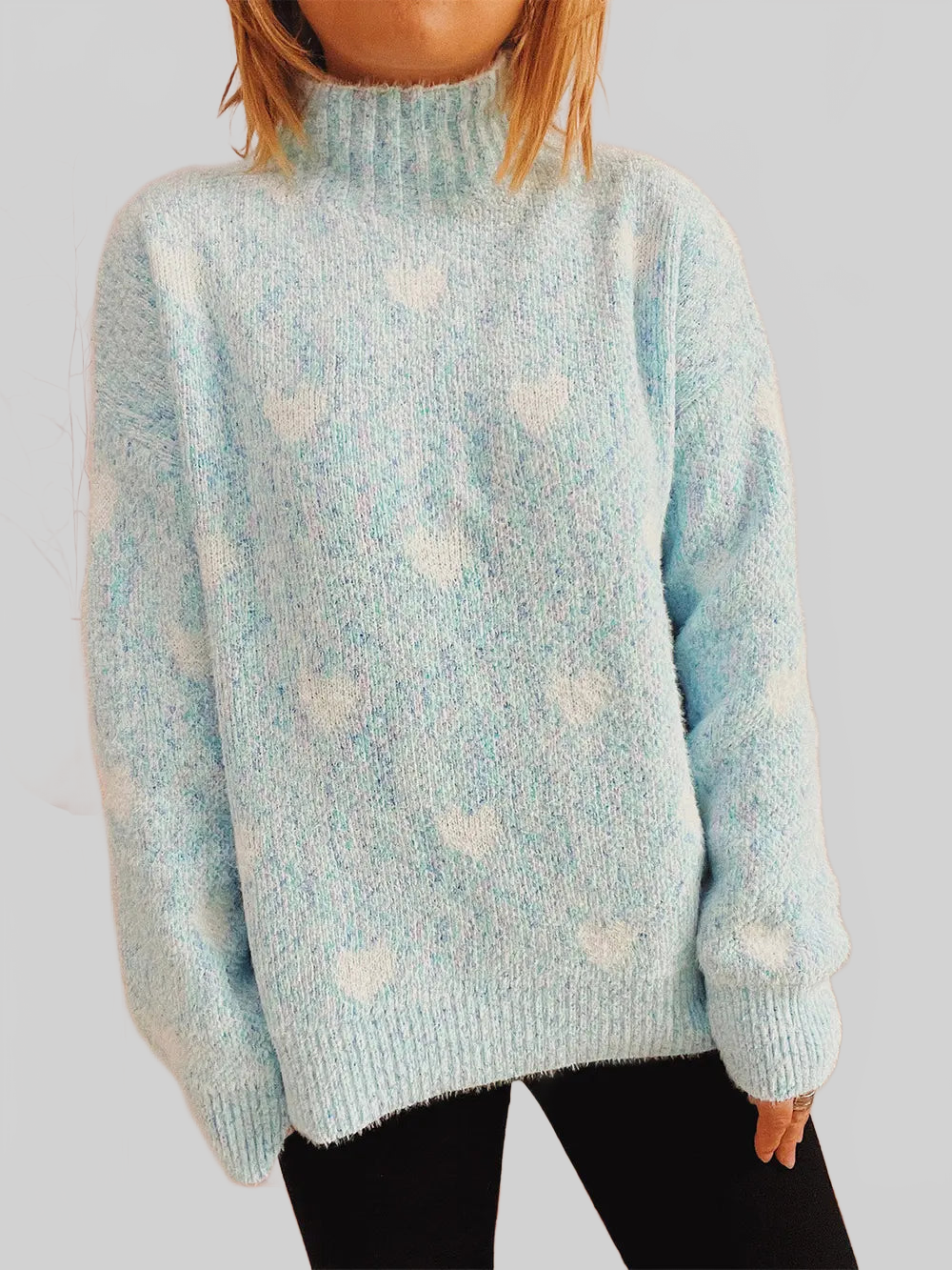 Women Heart Heathered Turtleneck Drop Shoulder Pullover Sweater nicholesgifts