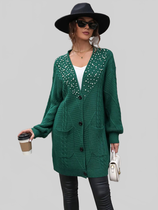 Women Perfee Pearl Detail Cable-Knit Button Up Cardigan nicholesgifts