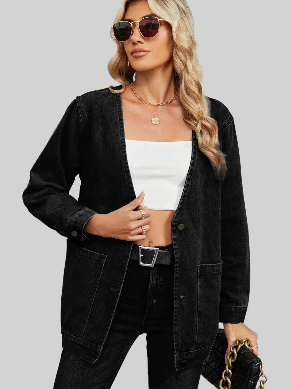 Pocketed V-Neck Button Up Denim Jacket nicholesgifts