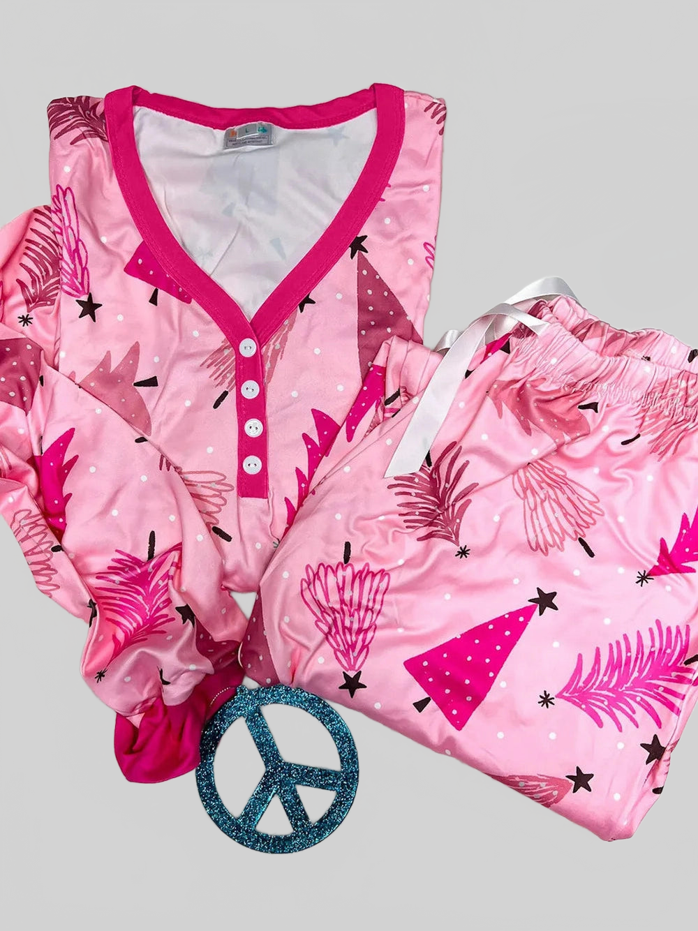 Women Printed V-Neck Long Sleeve Top and Pants Lounge Set nicholesgifts