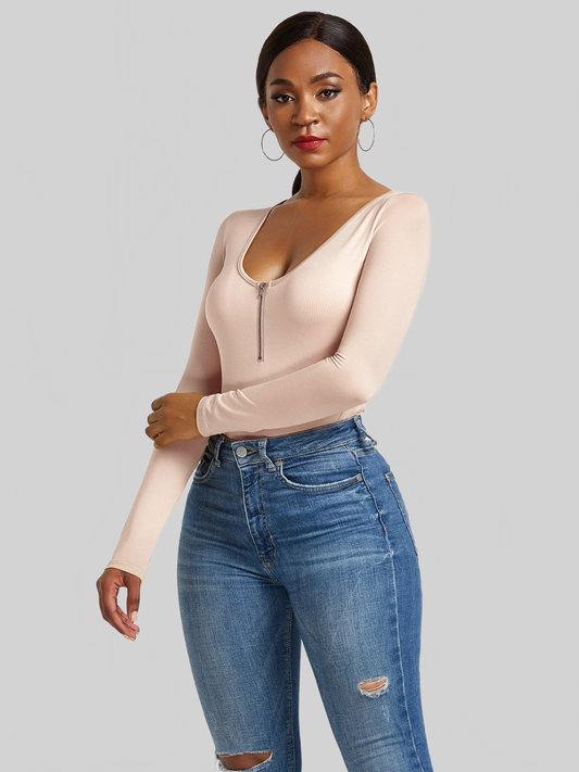 Women Half Zip Scoop Neck Long Sleeve Bodysuit NicholesGifts