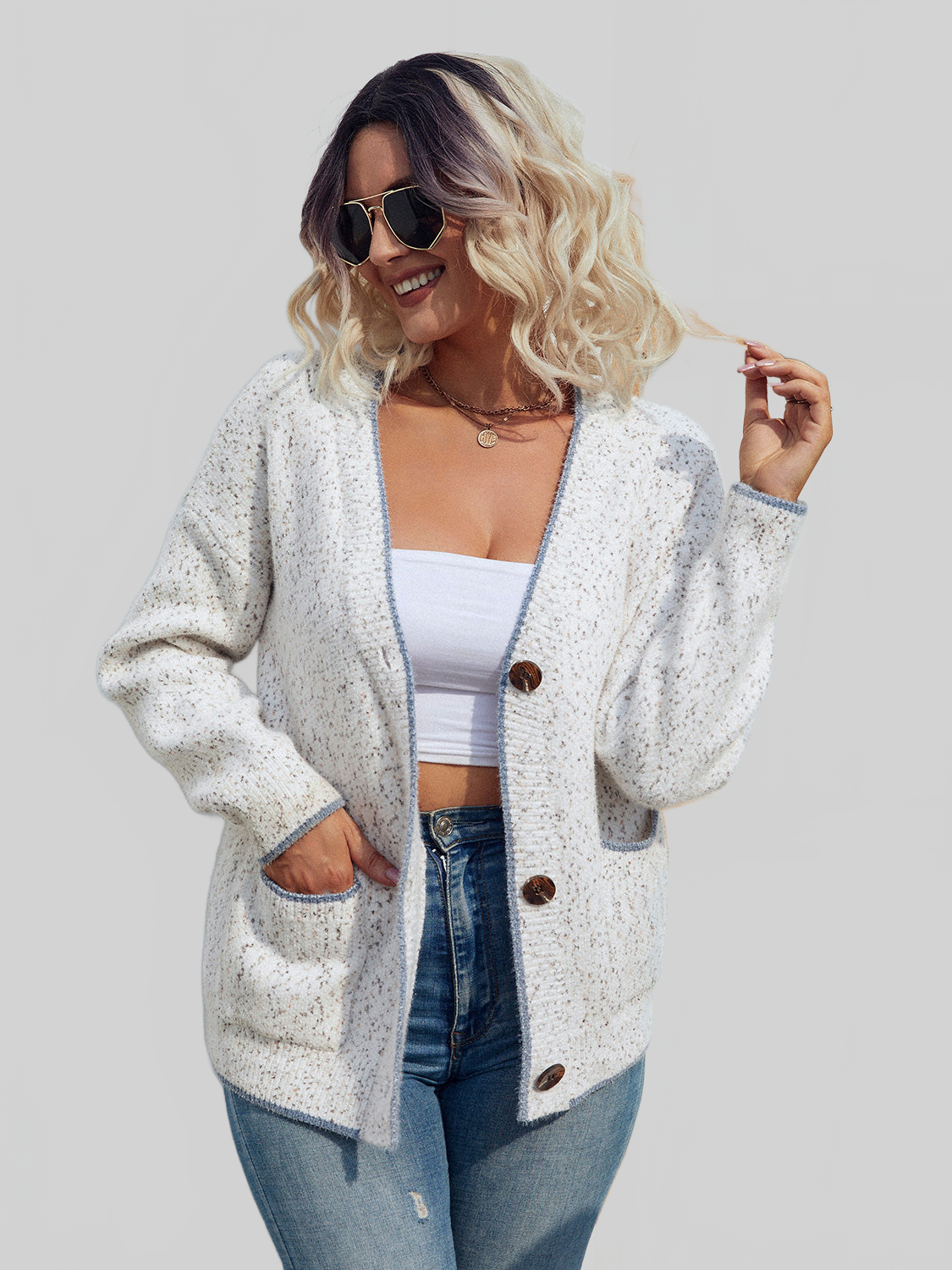 Button Down V-Neck Cardigan with Pockets nicholesgifts