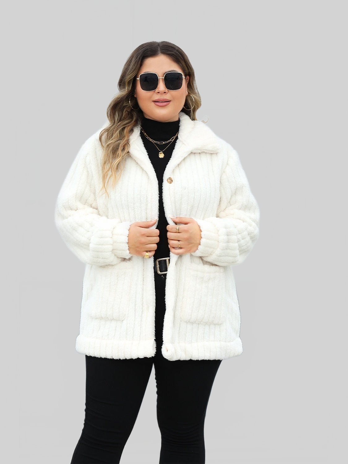 Plus Size Fuzzy Collared Neck Long Sleeve Jacket NicholesGifts