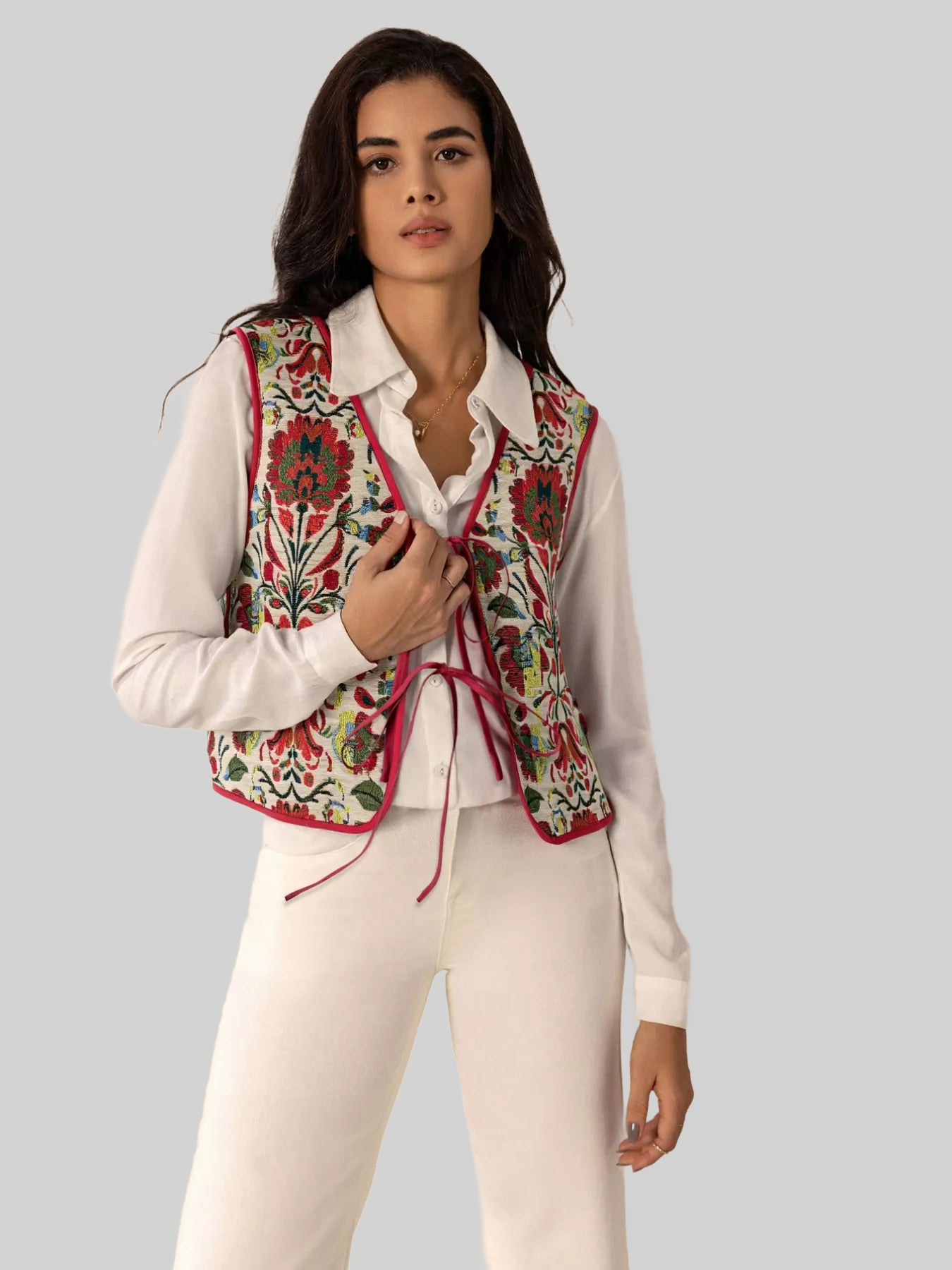 Floral Embroidered Tie-Front Vest Coat nicholesgifts