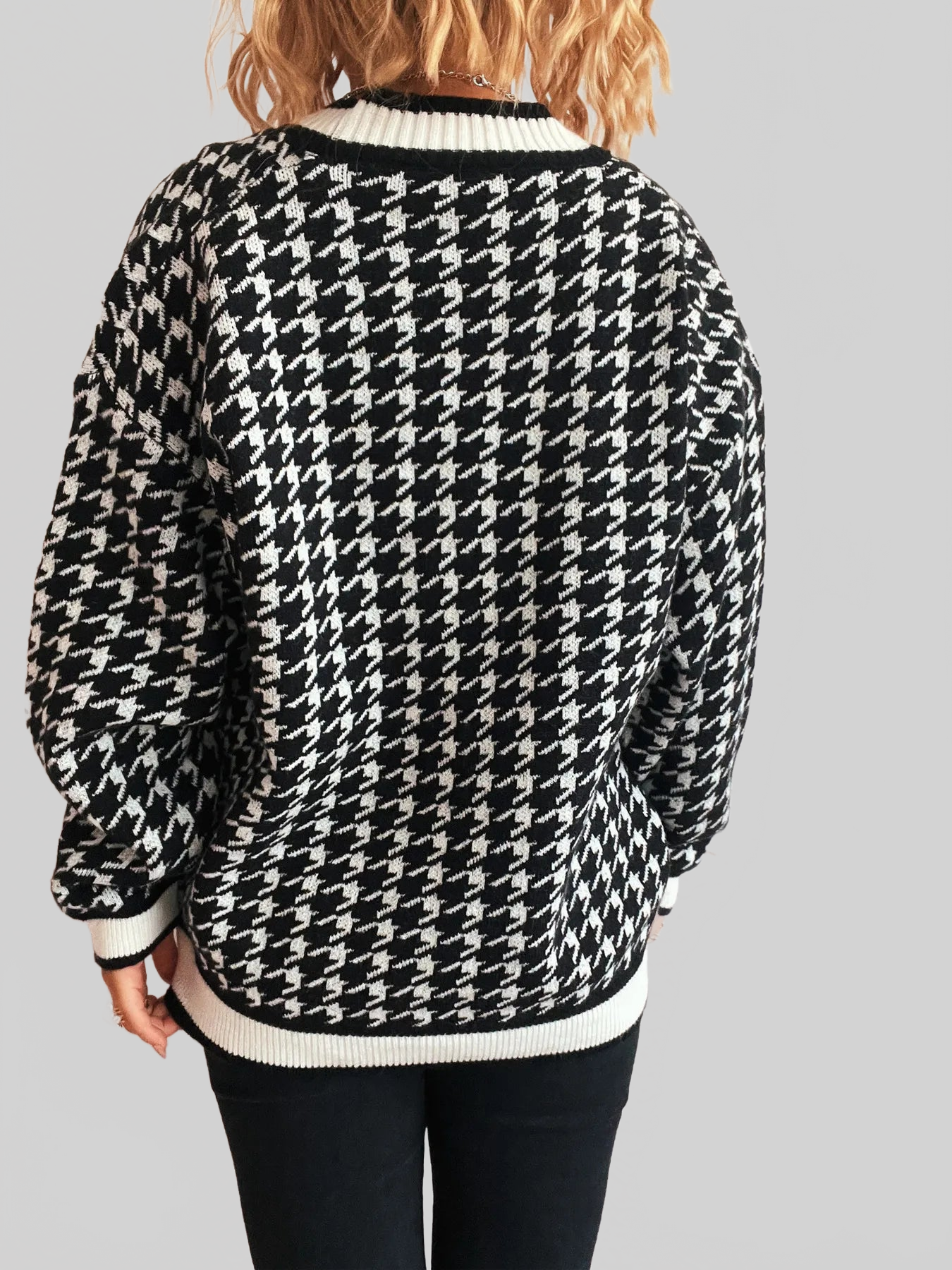 Women Houndstooth Pattern V-Neck Button-Up Cardigan Sweater NicholesGifts