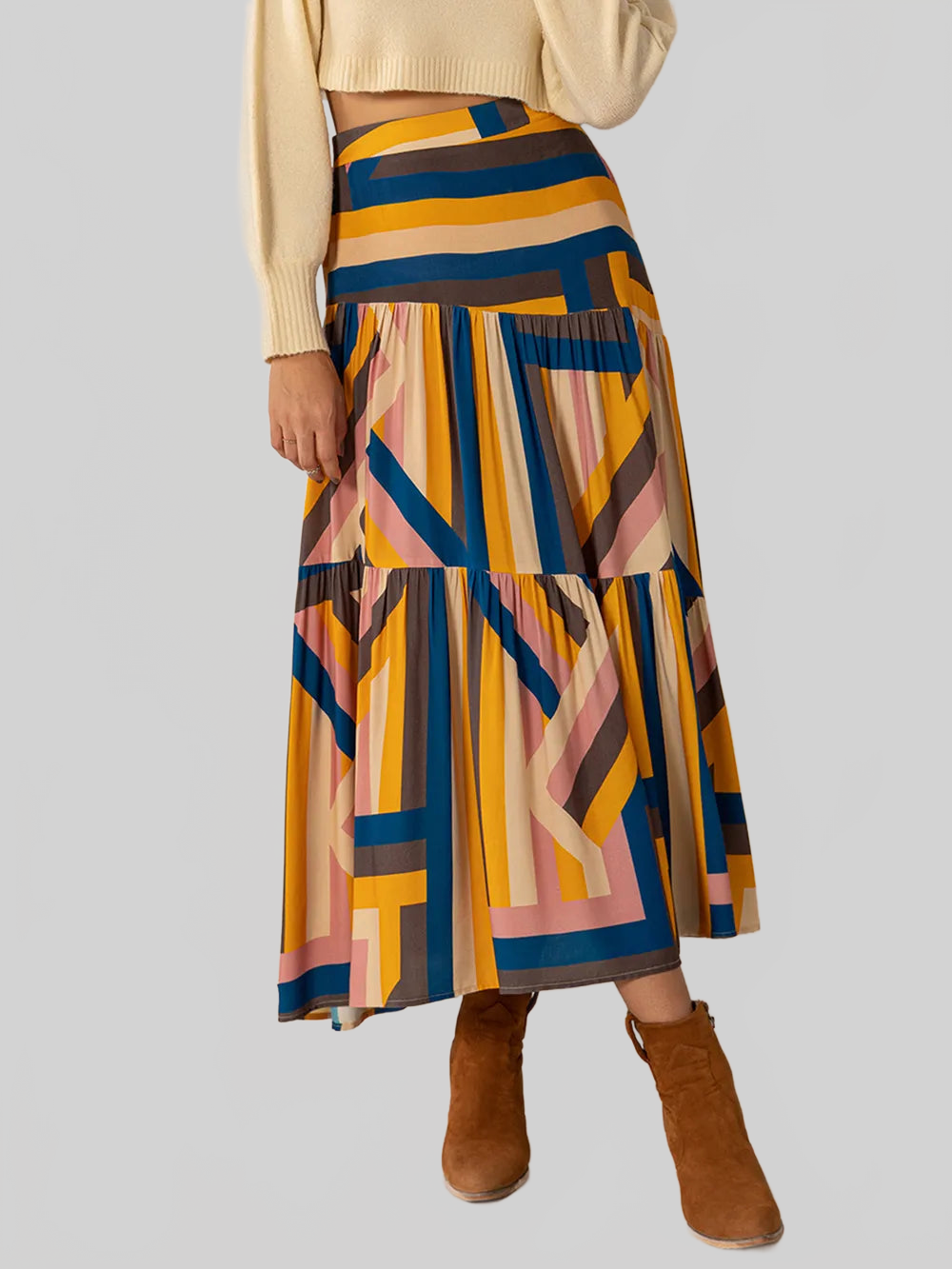 Ruched Elastic Waist Contrast Midi Skirt nicholesgifts