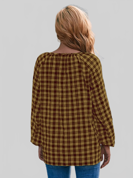 Ivy Lane Plaid Tie Neck Balloon Sleeve Blouse NicholesGifts