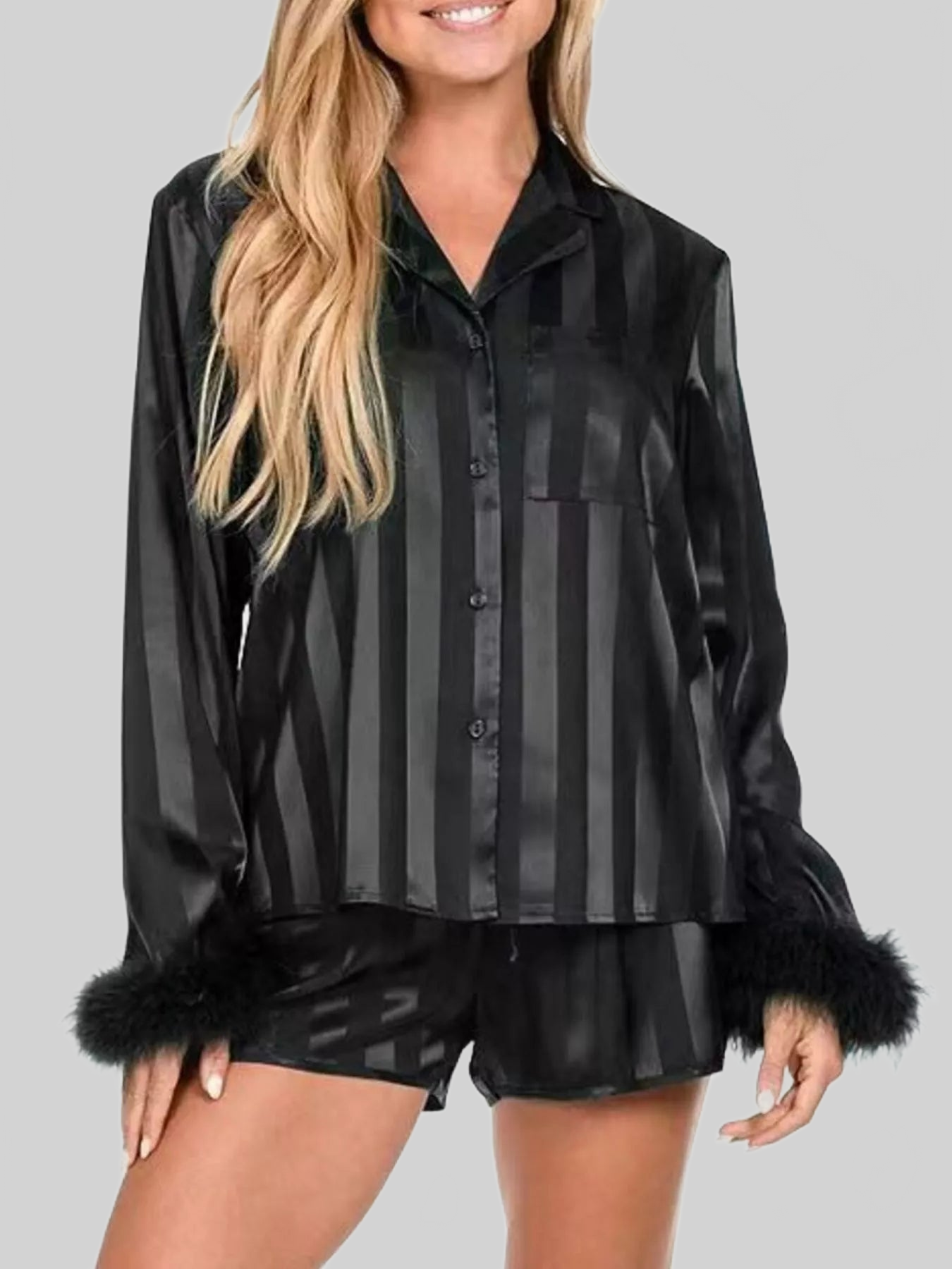 Striped Feather Trim Shirt and Shorts Lounge Set nicholesgifts