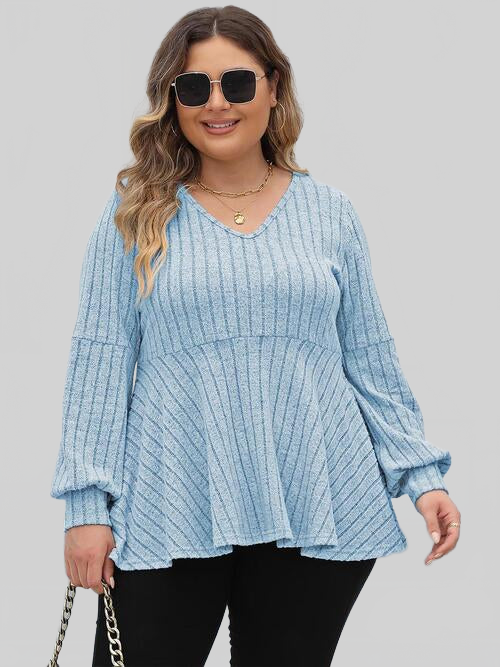 Plus Size Women Ribbed V-Neck Long Sleeve Blouse NicholesGifts