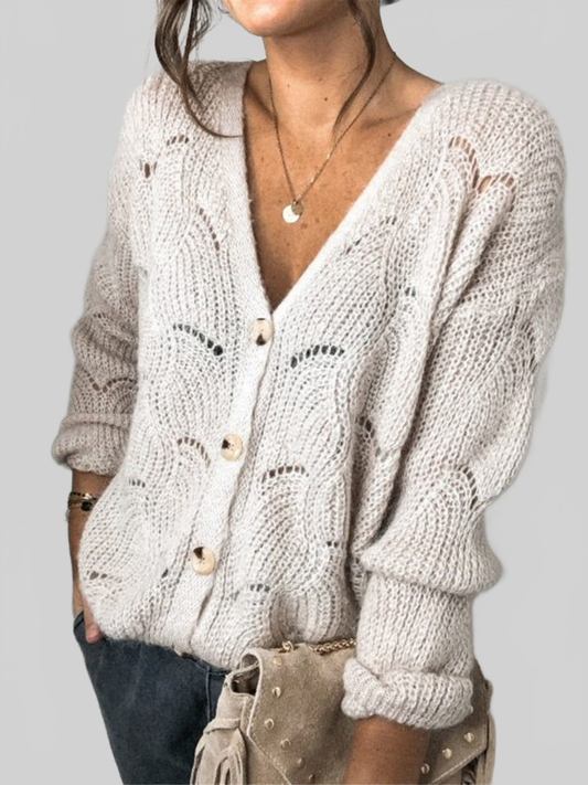 Women Openwork Button Up Long Sleeve Cardigan NicholesGifts