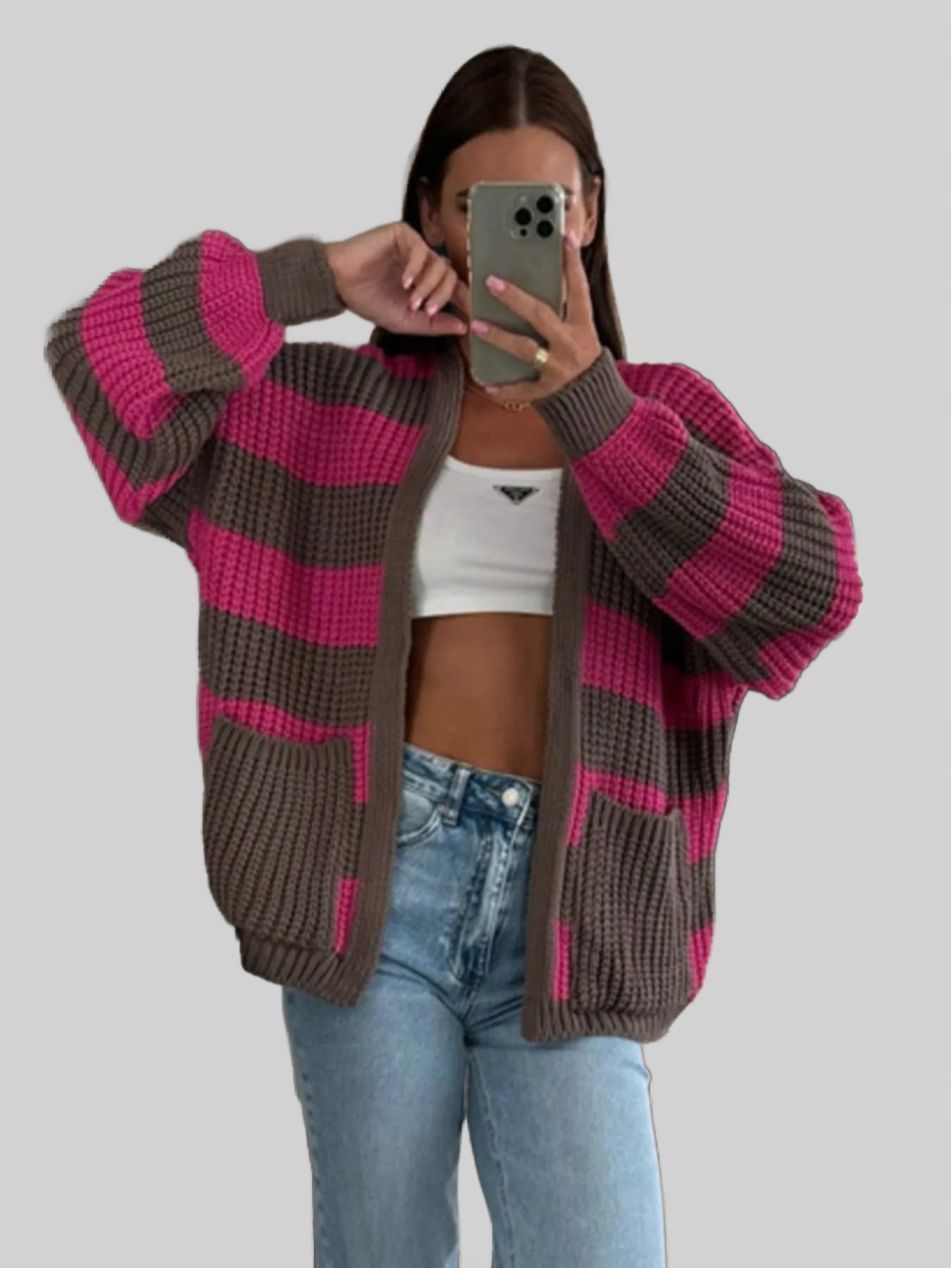 Striped Open Front Long Sleeve Cardigan nicholesgifts