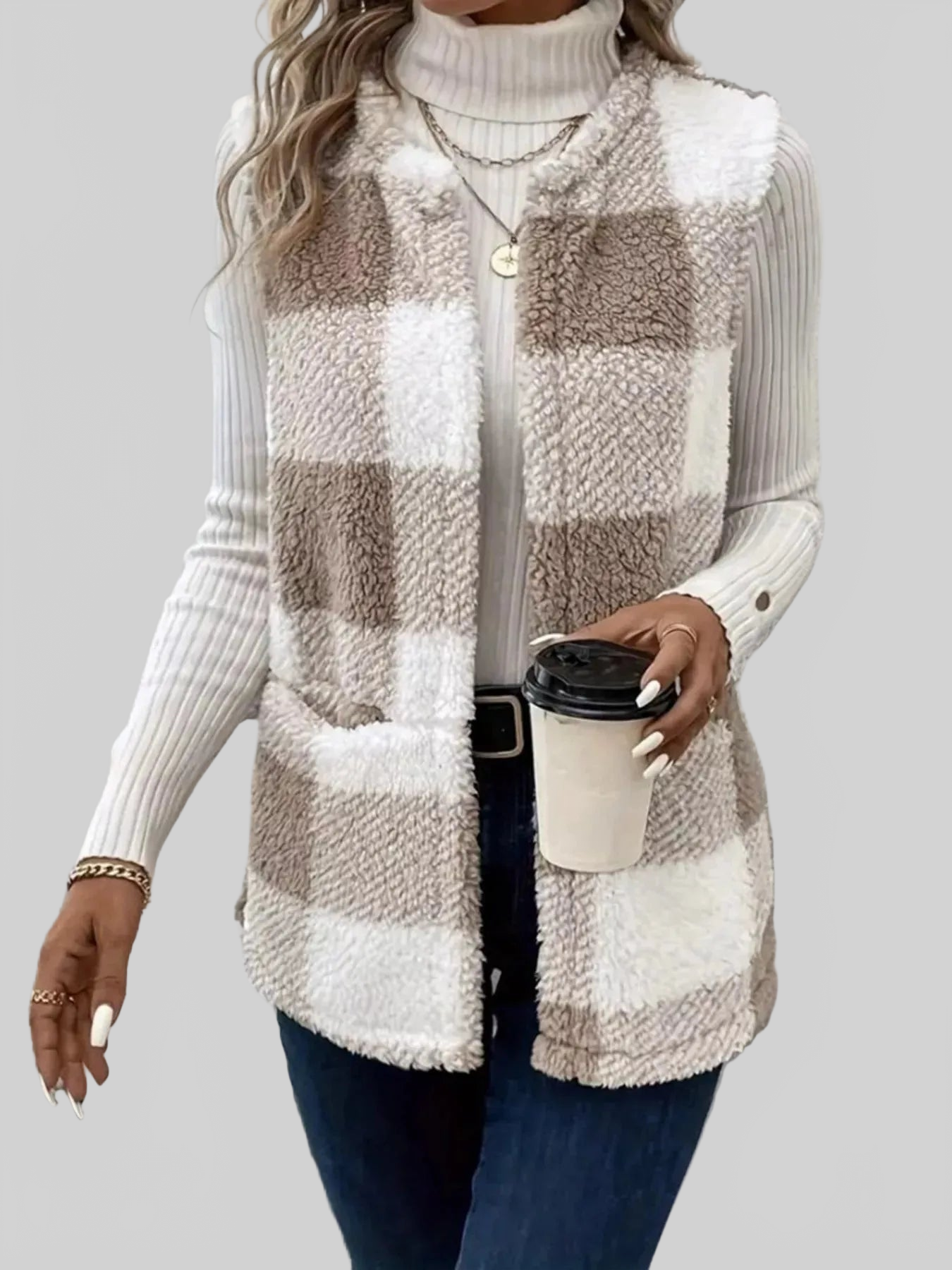 Women Cozy Plaid Sherpa Vest Coat nicholesgifts