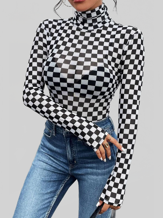 Women Checkered Turtleneck Long Sleeve Bodysuit NicholesGifts