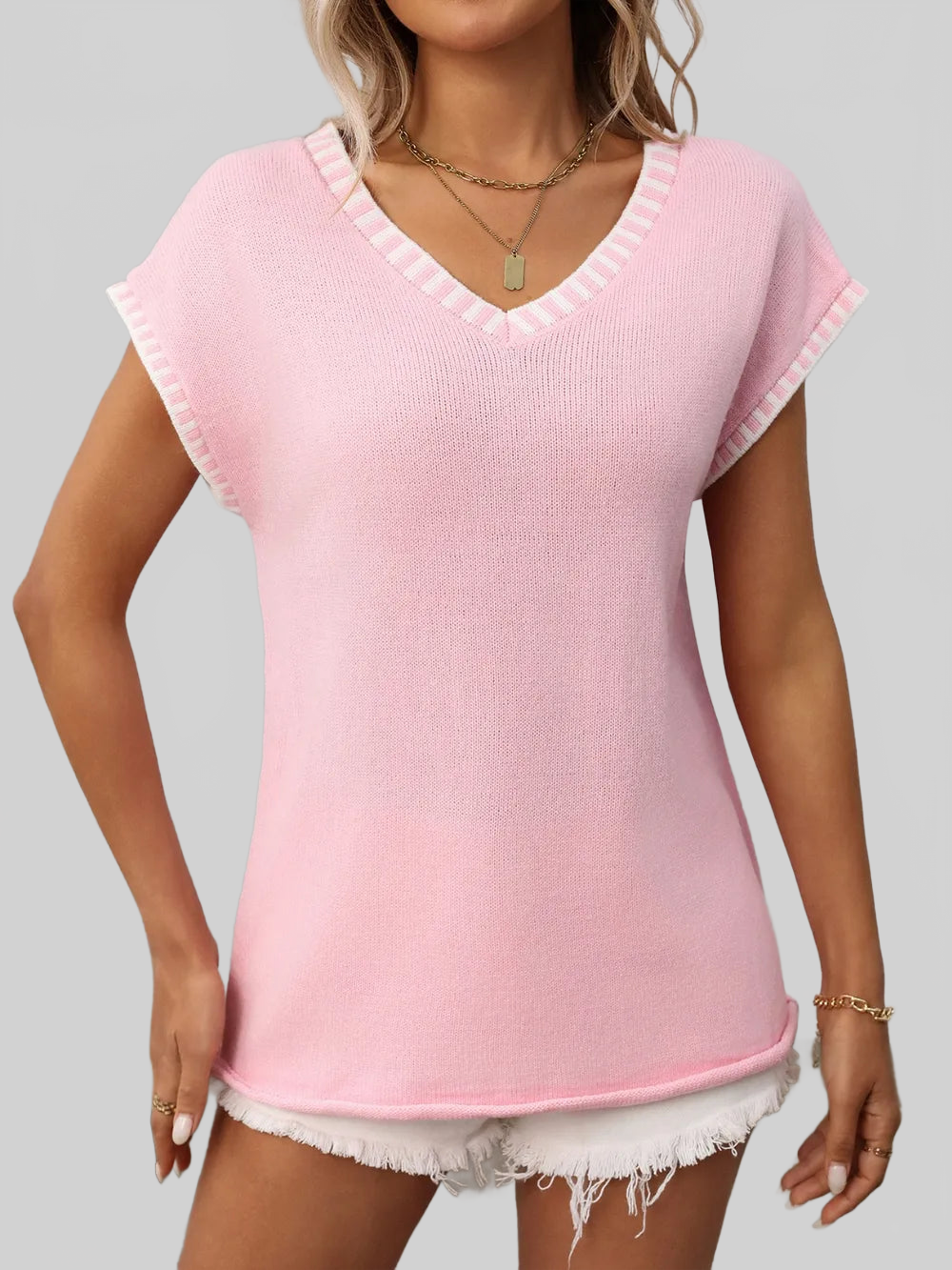 Women Contrast Trim V-Neck Short Sleeve Knit Top nicholesgifts