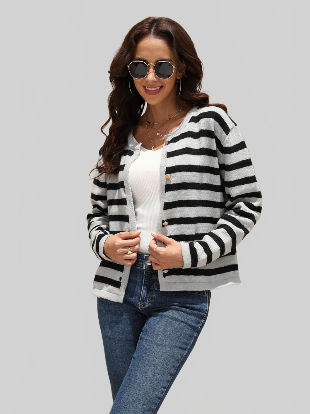 Angel Wings Striped Round Neck Button-Down Dropped Shoulder Cardigan nicholesgifts