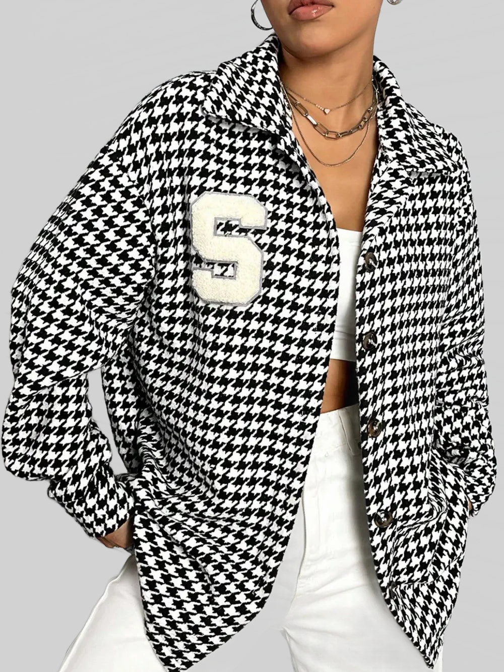 Houndstooth Button Down Long Sleeve Shacket nicholesgifts