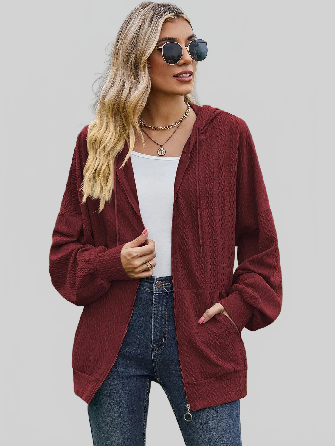 Drawstring Zip Up Dropped Shoulder Hoodie nicholesgifts