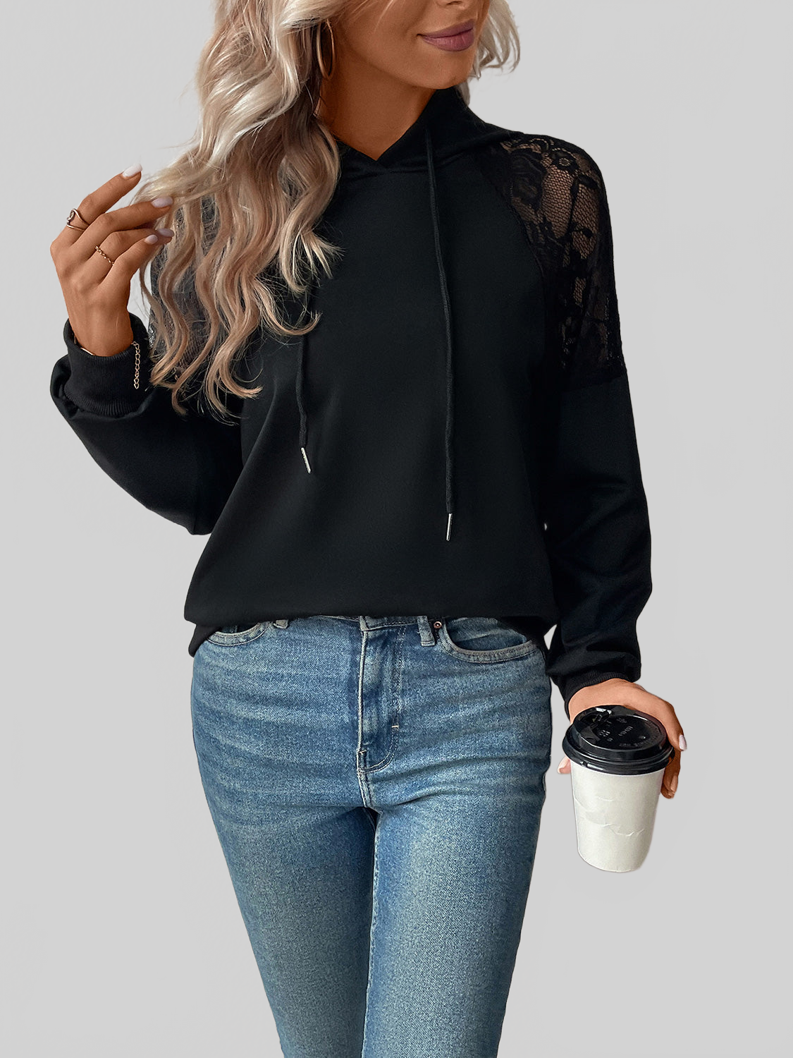 Perfee Lace Detail Drawstring Long Sleeve Hoodie nicholesgifts