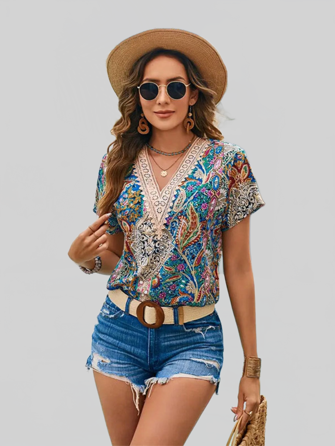 Women Printed V-Neck Short Sleeve Blouse nicholesgifts