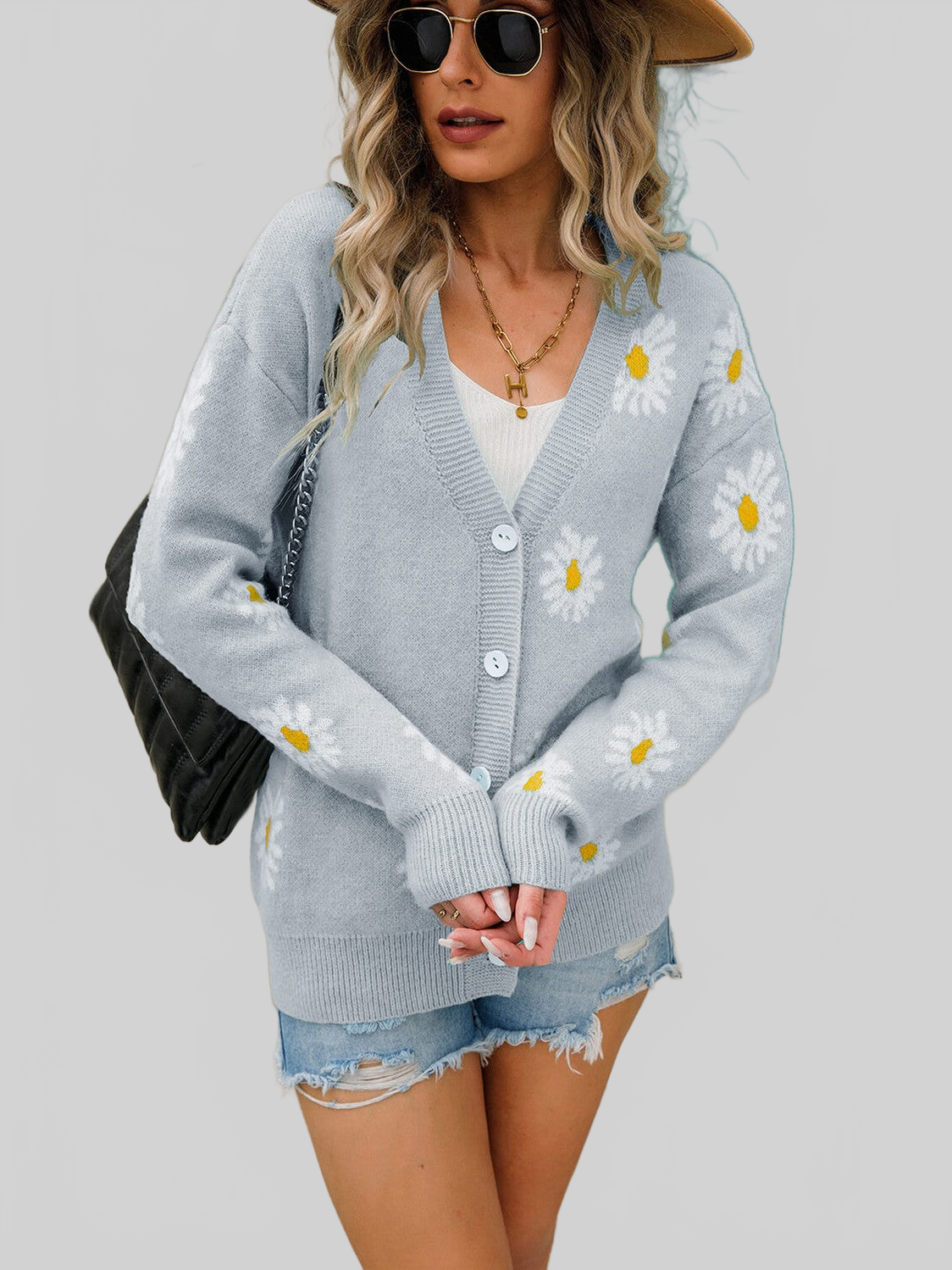 Angel Wings Daisy Pattern Button Front Cardigan nicholesgifts